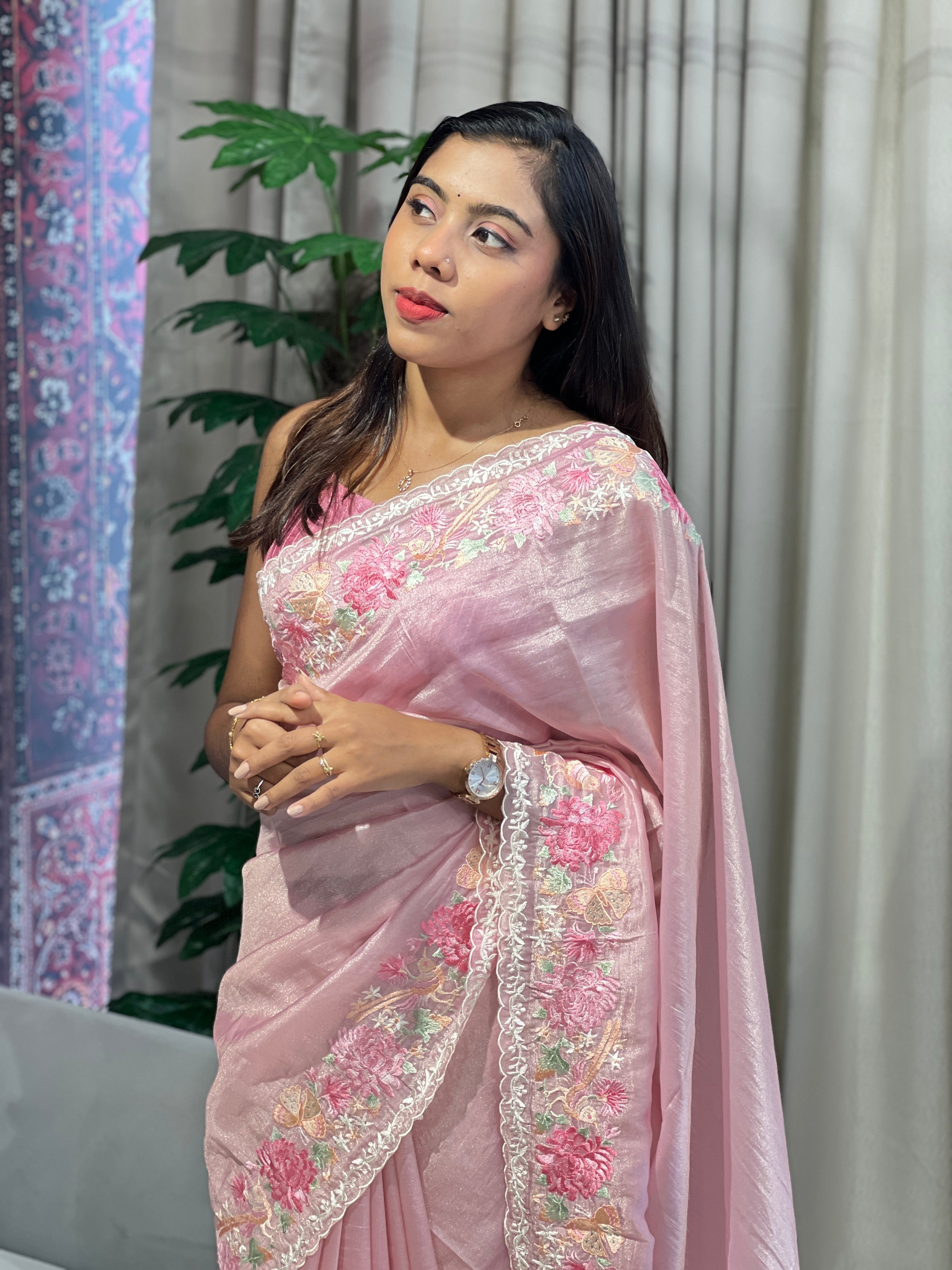 Multi-Colour Floral Embroidered Shimmer Organza Saree | BLD1487