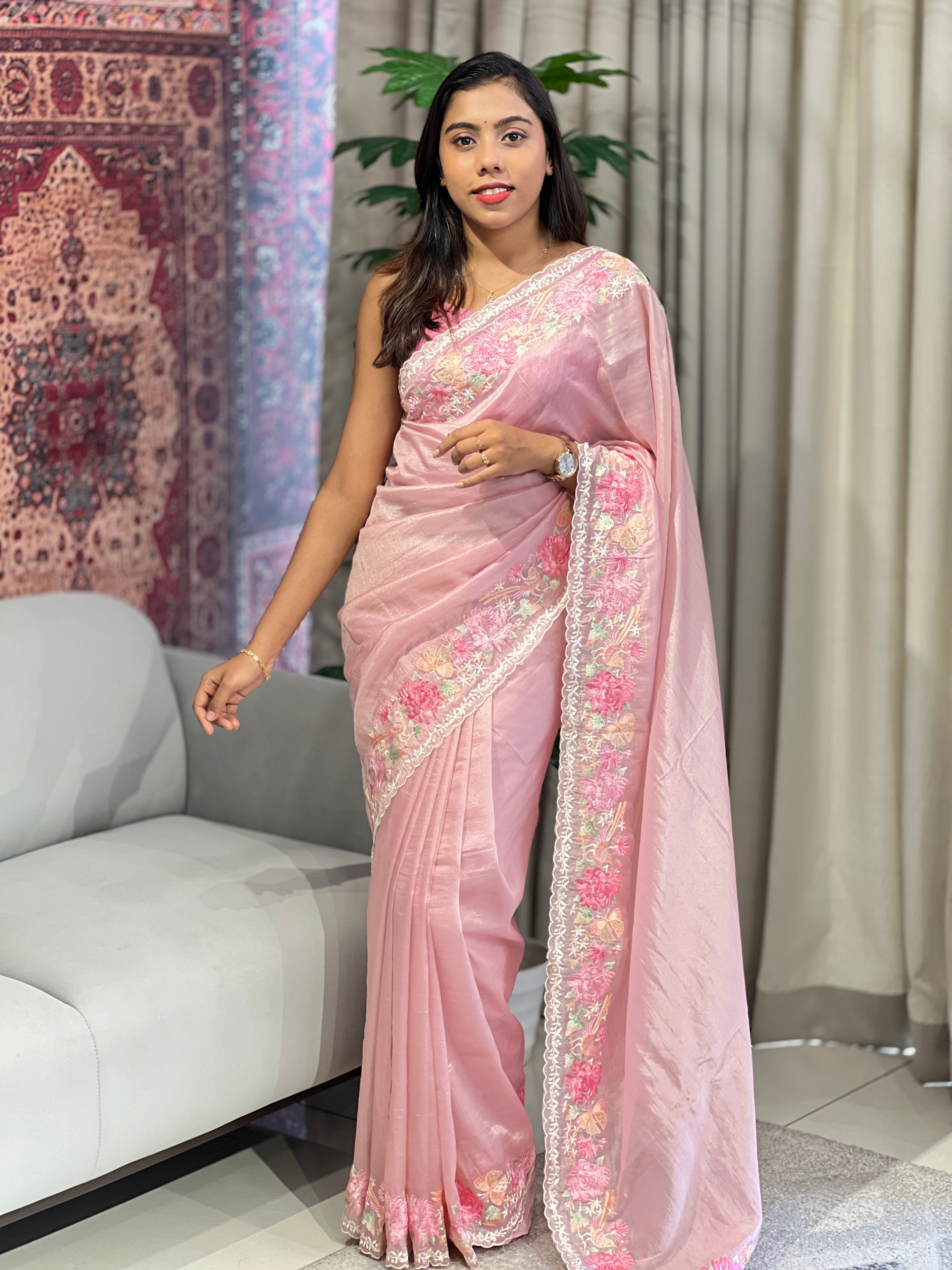 Multi-Colour Floral Embroidered Shimmer Organza Saree | BLD1487