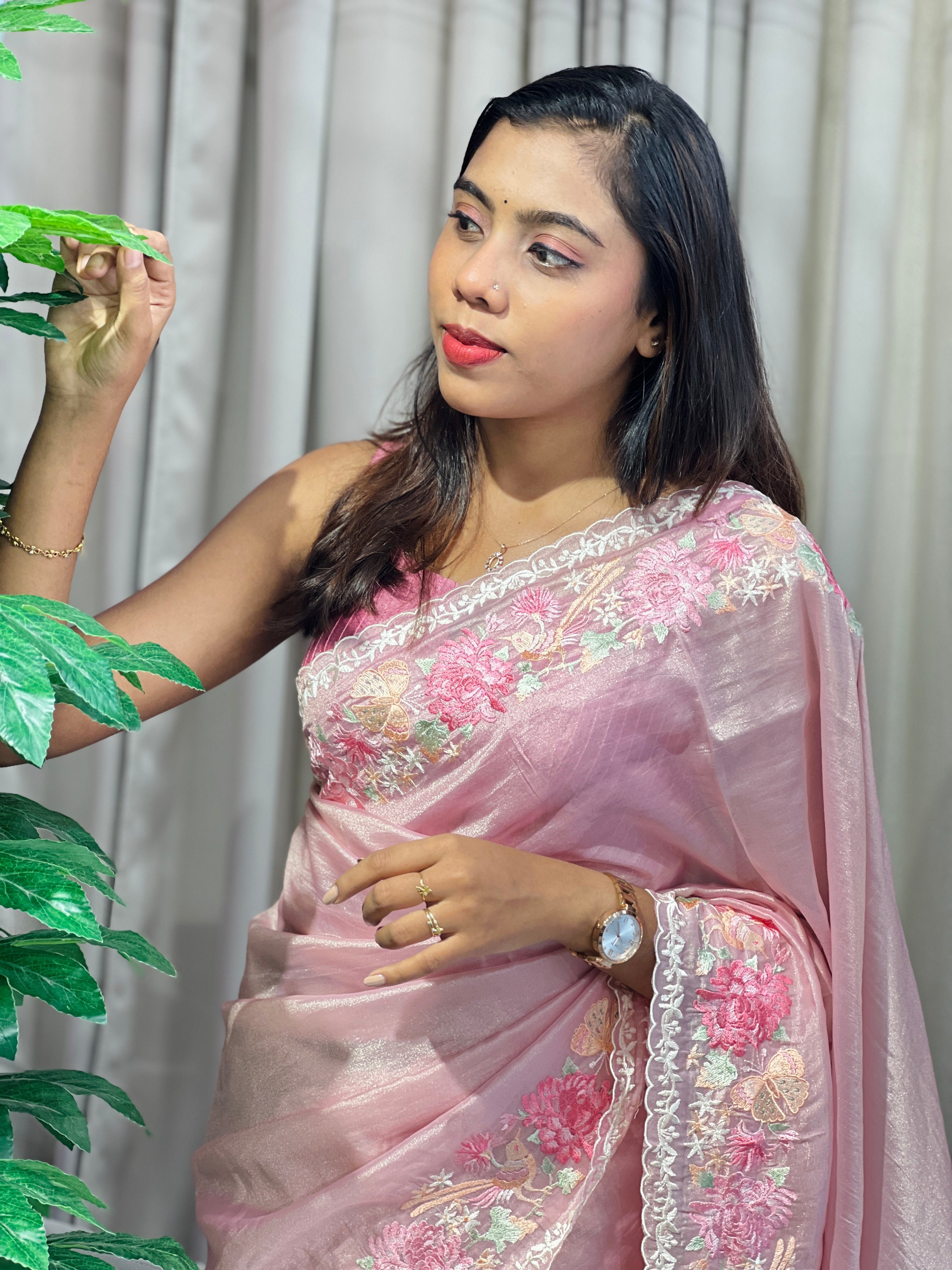 Multi-Colour Floral Embroidered Shimmer Organza Saree | BLD1487