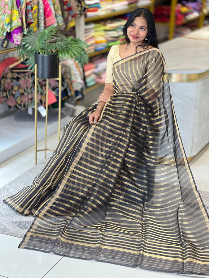 Golden Zari Stripe Weaving Patterned Organza Saree | FC180
