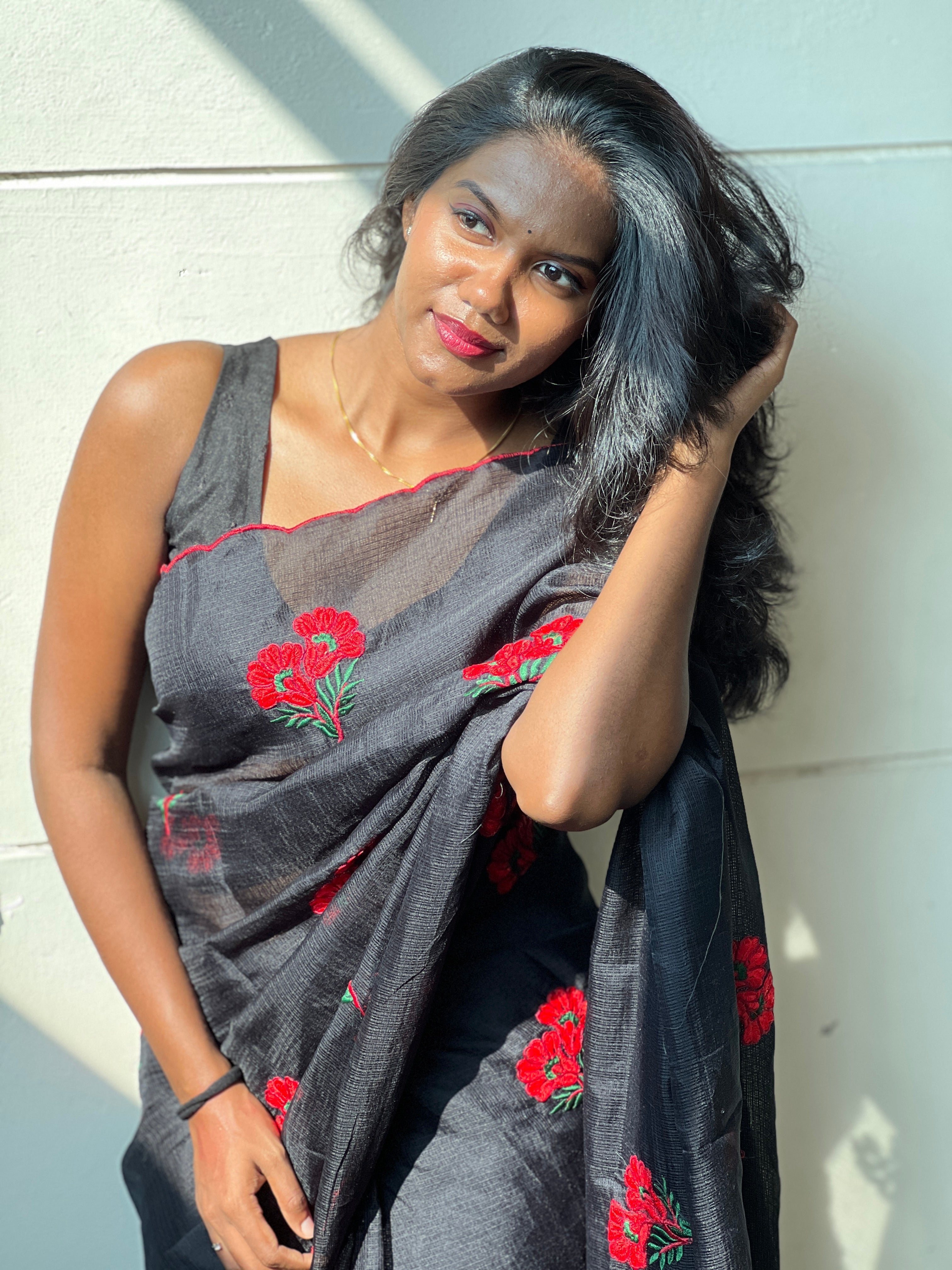 Floral Machine Embroidery Detailed Silky Kota Saree | HT348