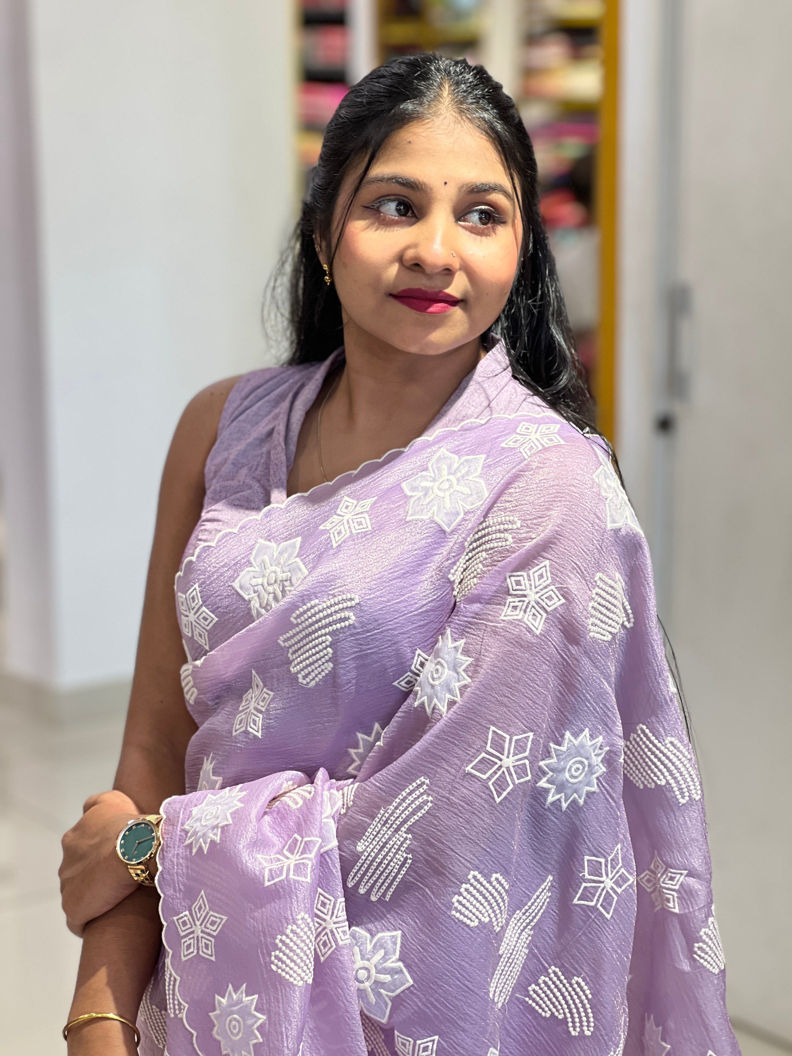 Applique Work & Point Embroidered Crushed Organza Saree | BLD1511