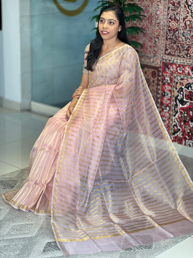 Golden Zari Stripe Weaving Patterned Organza Saree | FC178