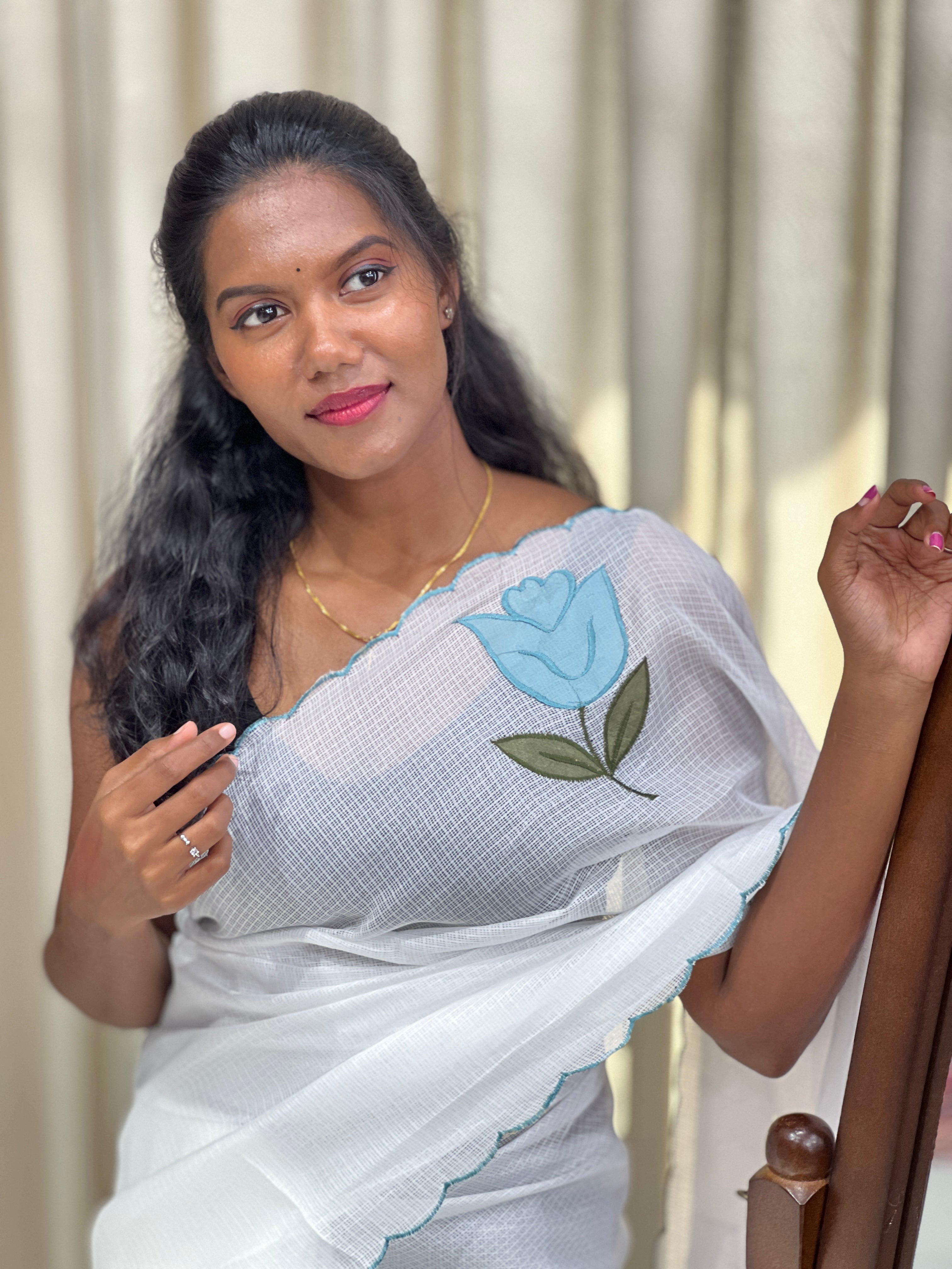 Floral Applique Detailed Silky Kota Saree | HT362