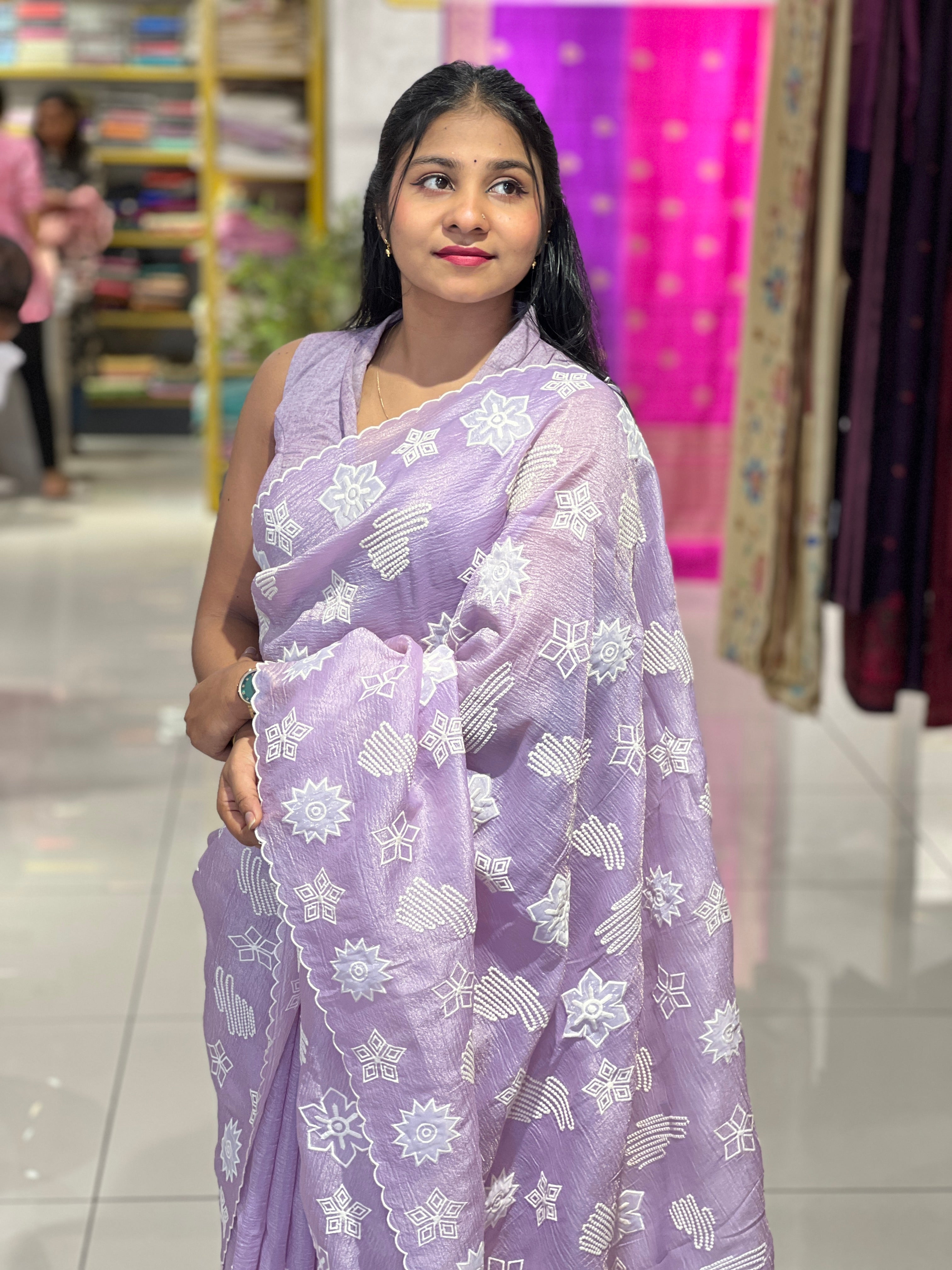 Applique Work & Point Embroidered Crushed Organza Saree | BLD1511