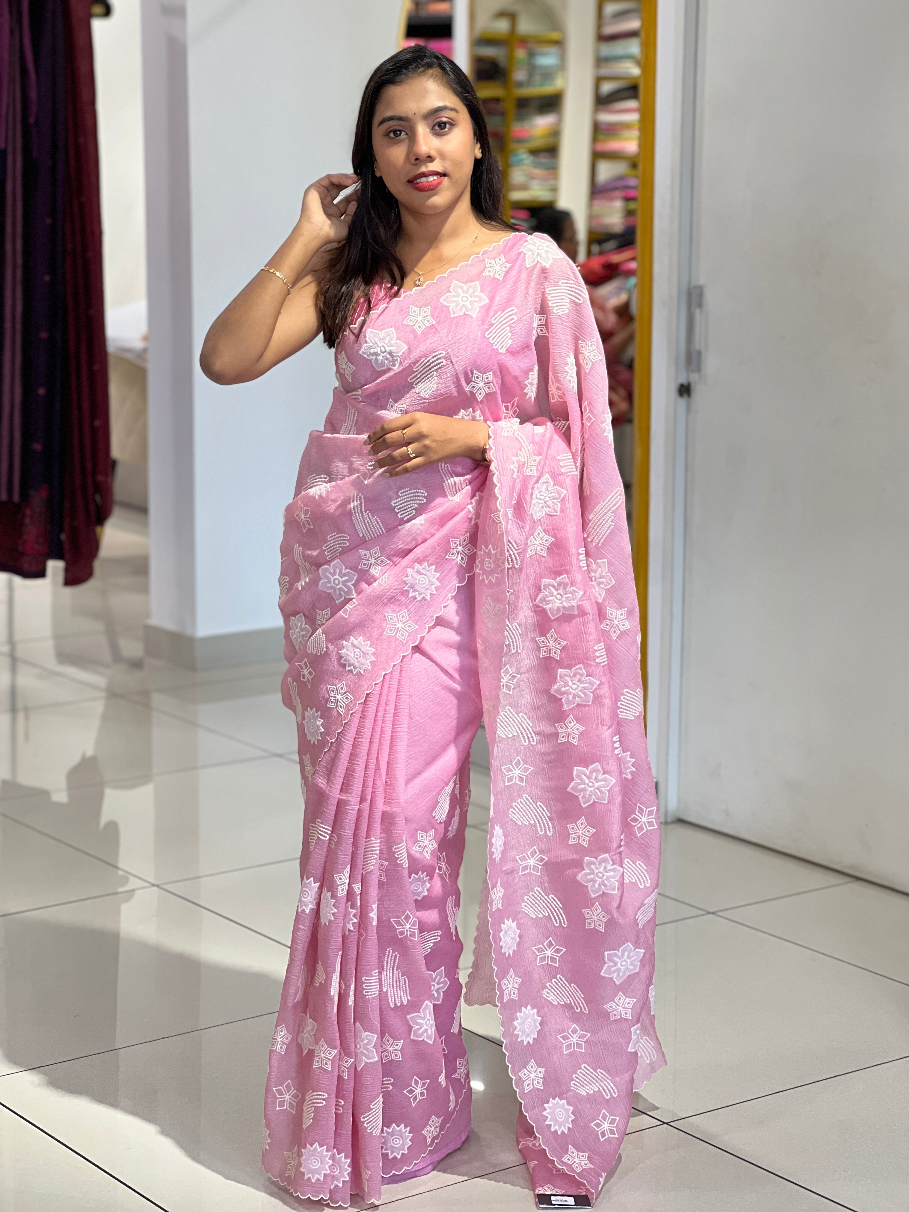 Applique Work & Point Embroidered Crushed Organza Saree | BLD1508