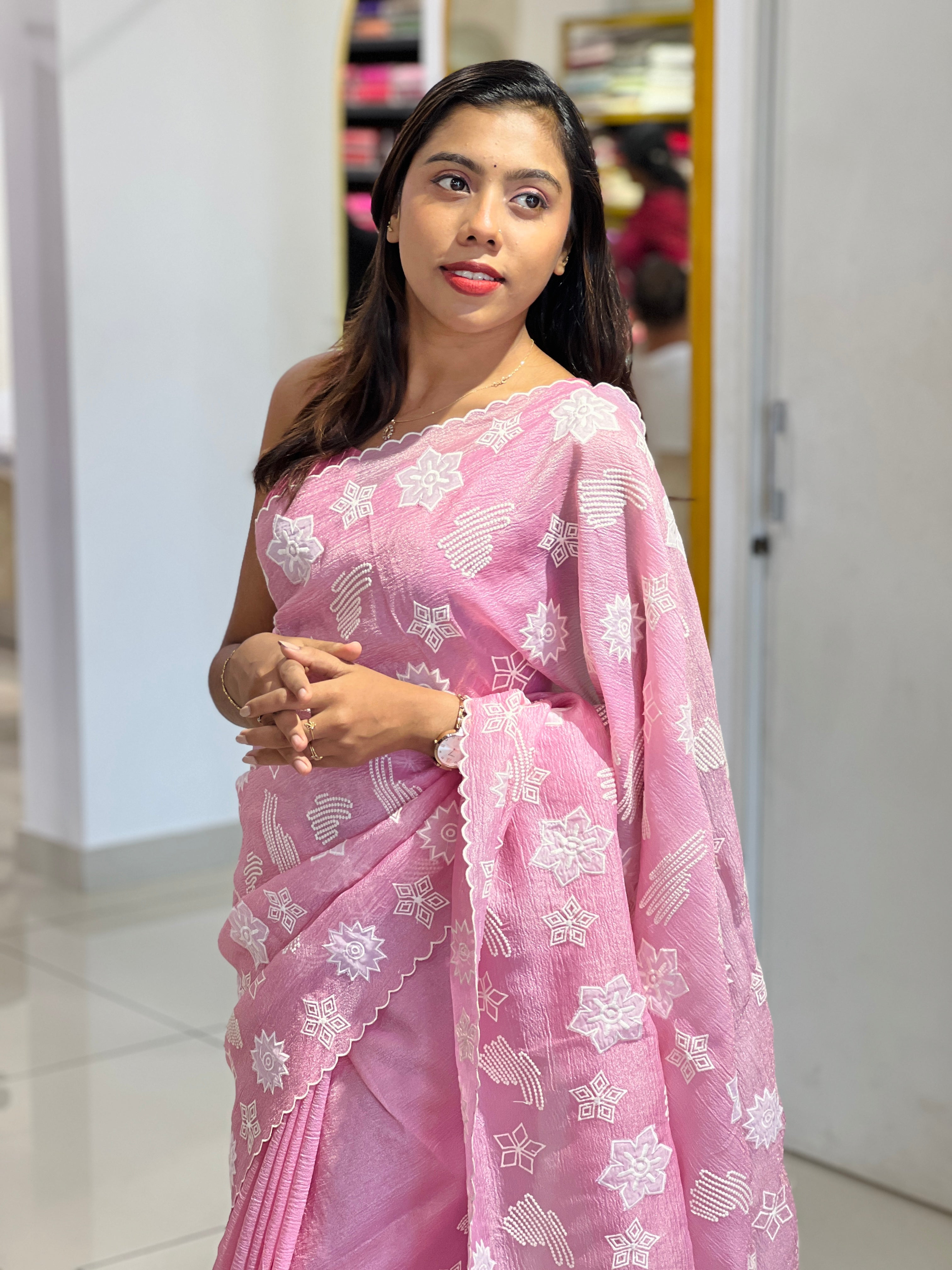 Applique Work & Point Embroidered Crushed Organza Saree | BLD1508