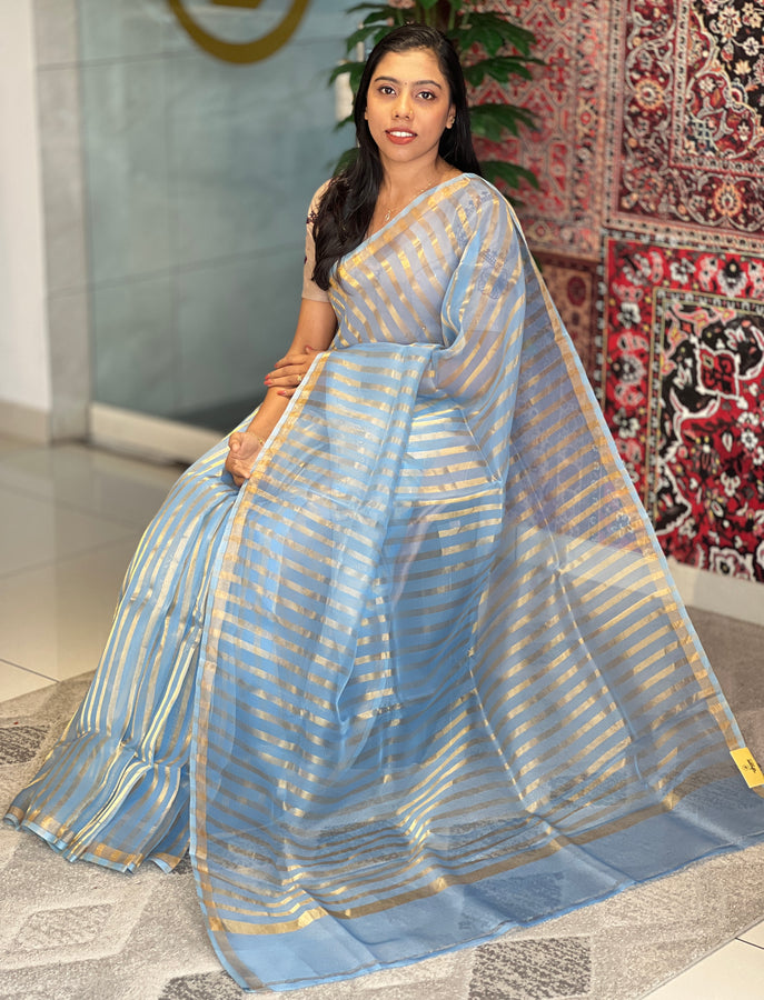 Golden Zari Stripe Weaving Patterned Organza Saree | FC179