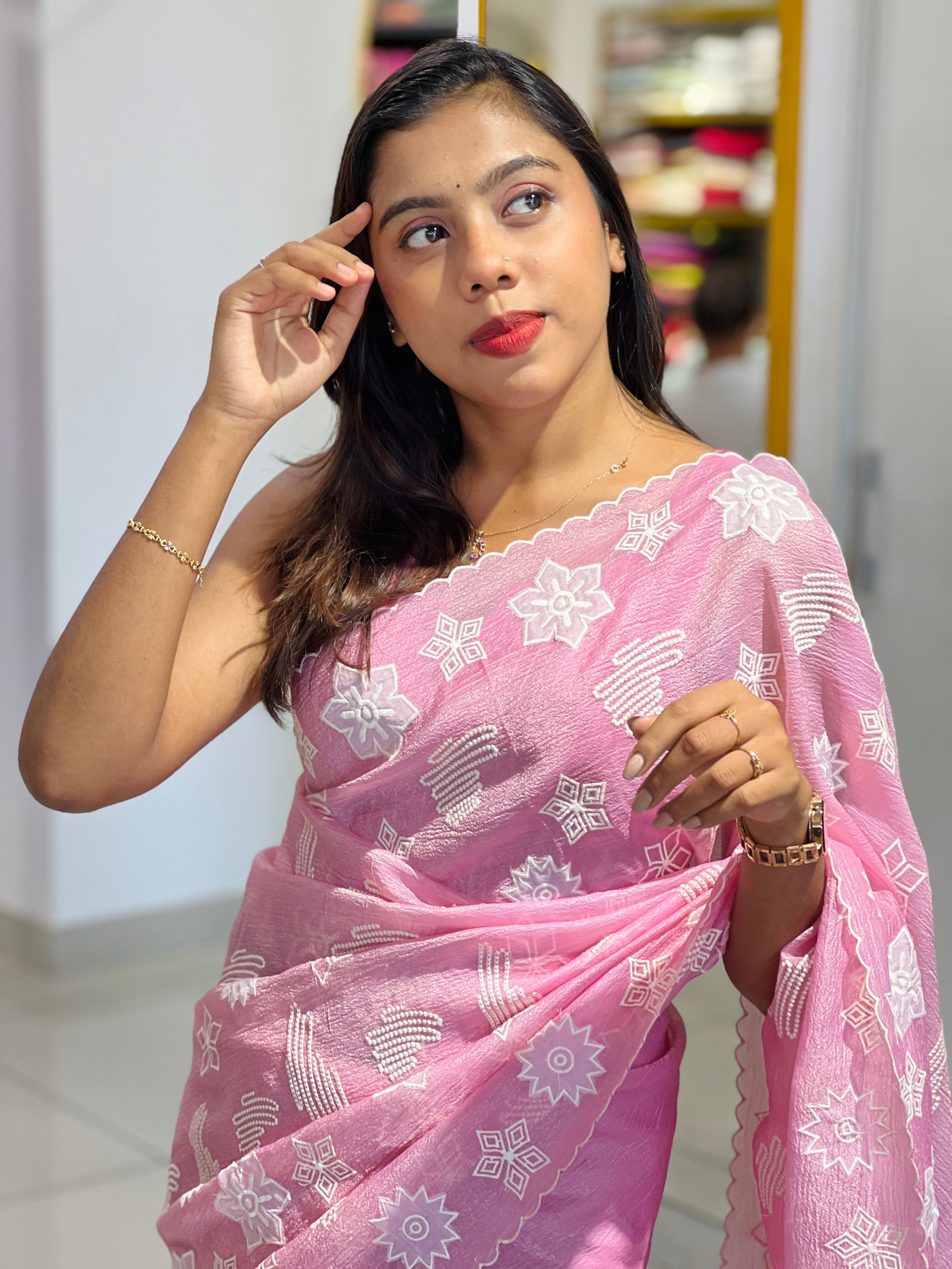 Applique Work & Point Embroidered Crushed Organza Saree | BLD1508