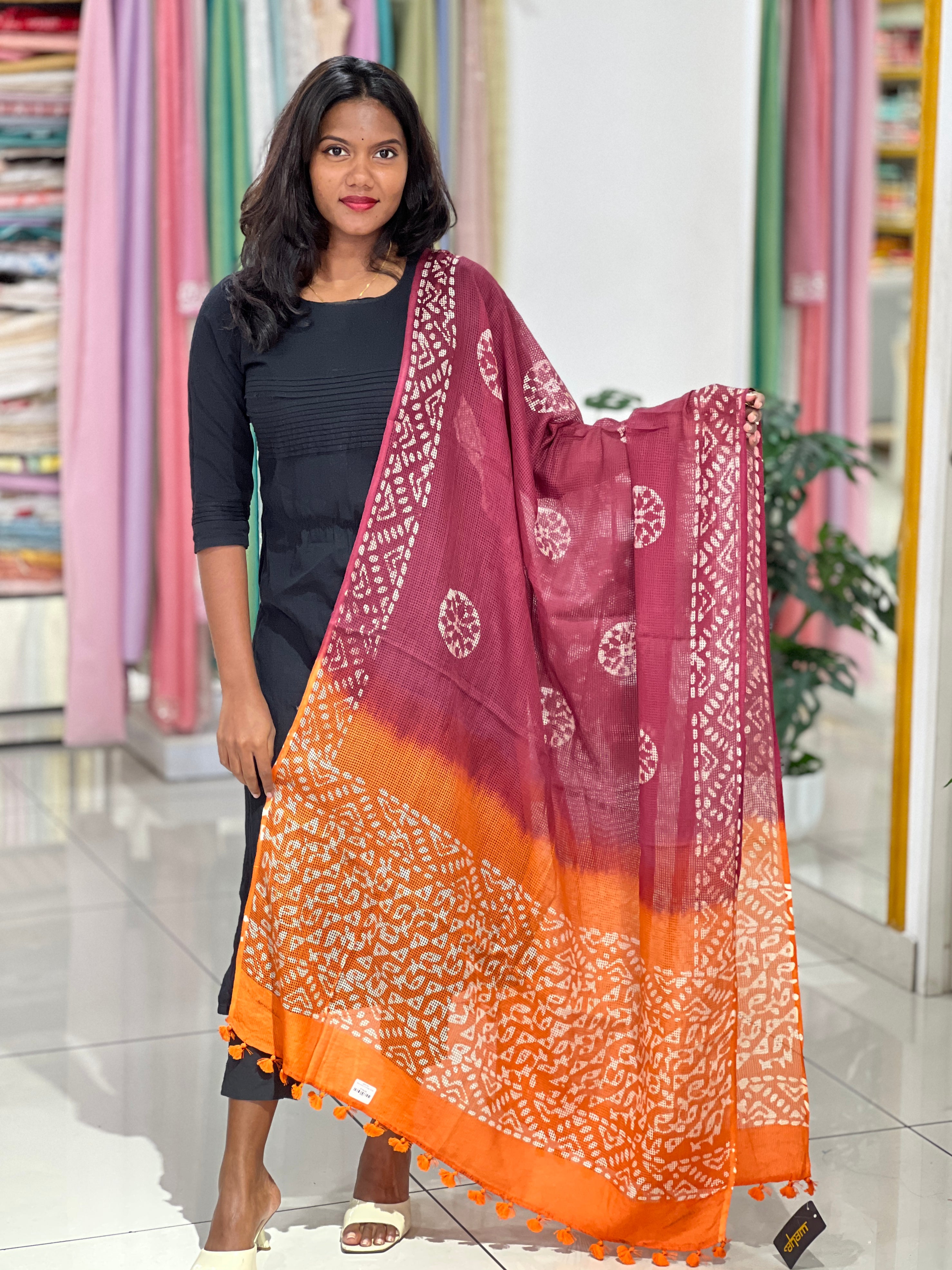 Block Printed Muga Check Kota Dupatta | SS854