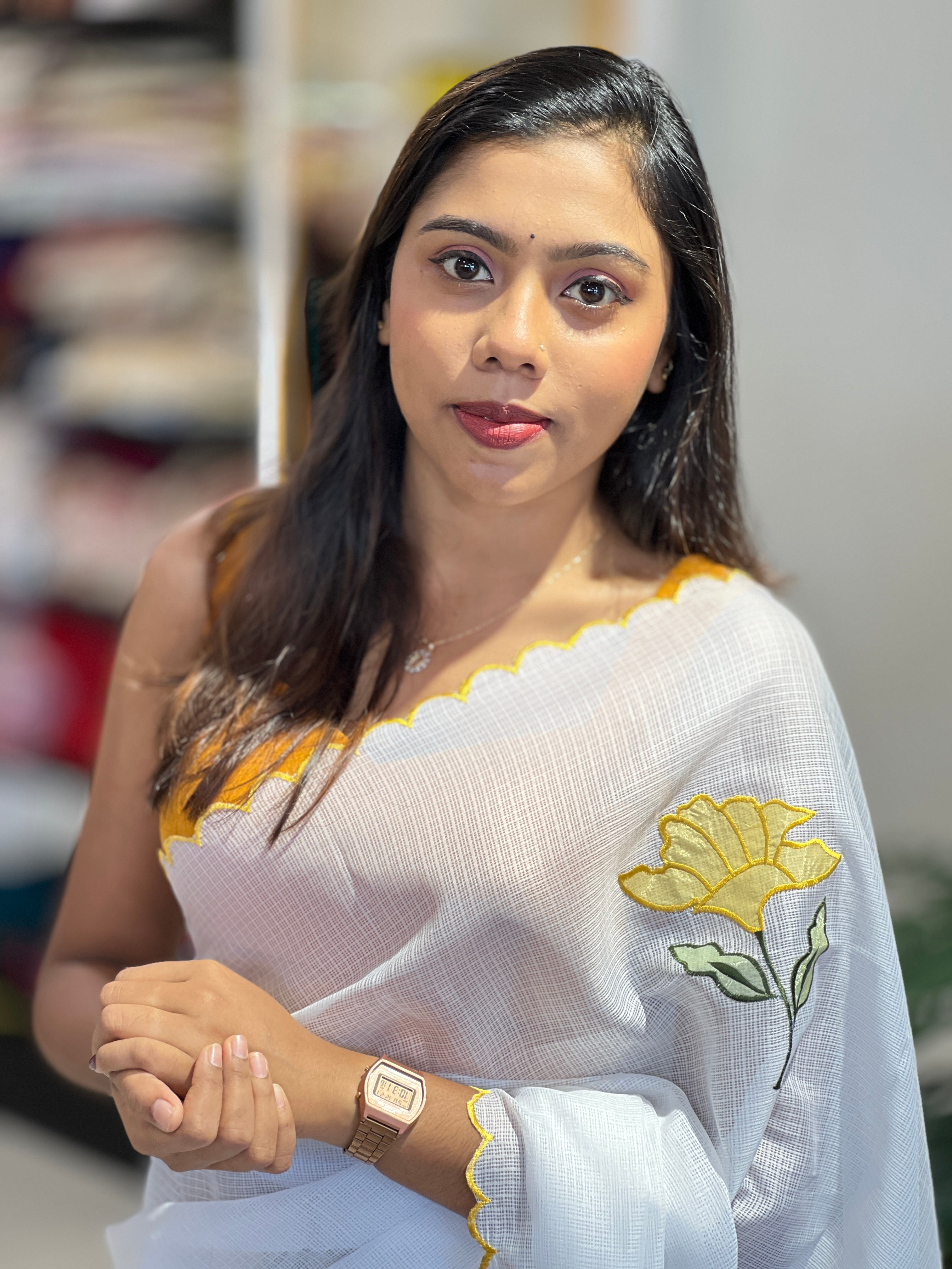 Floral Applique Detailed Silky Kota Saree | HT354