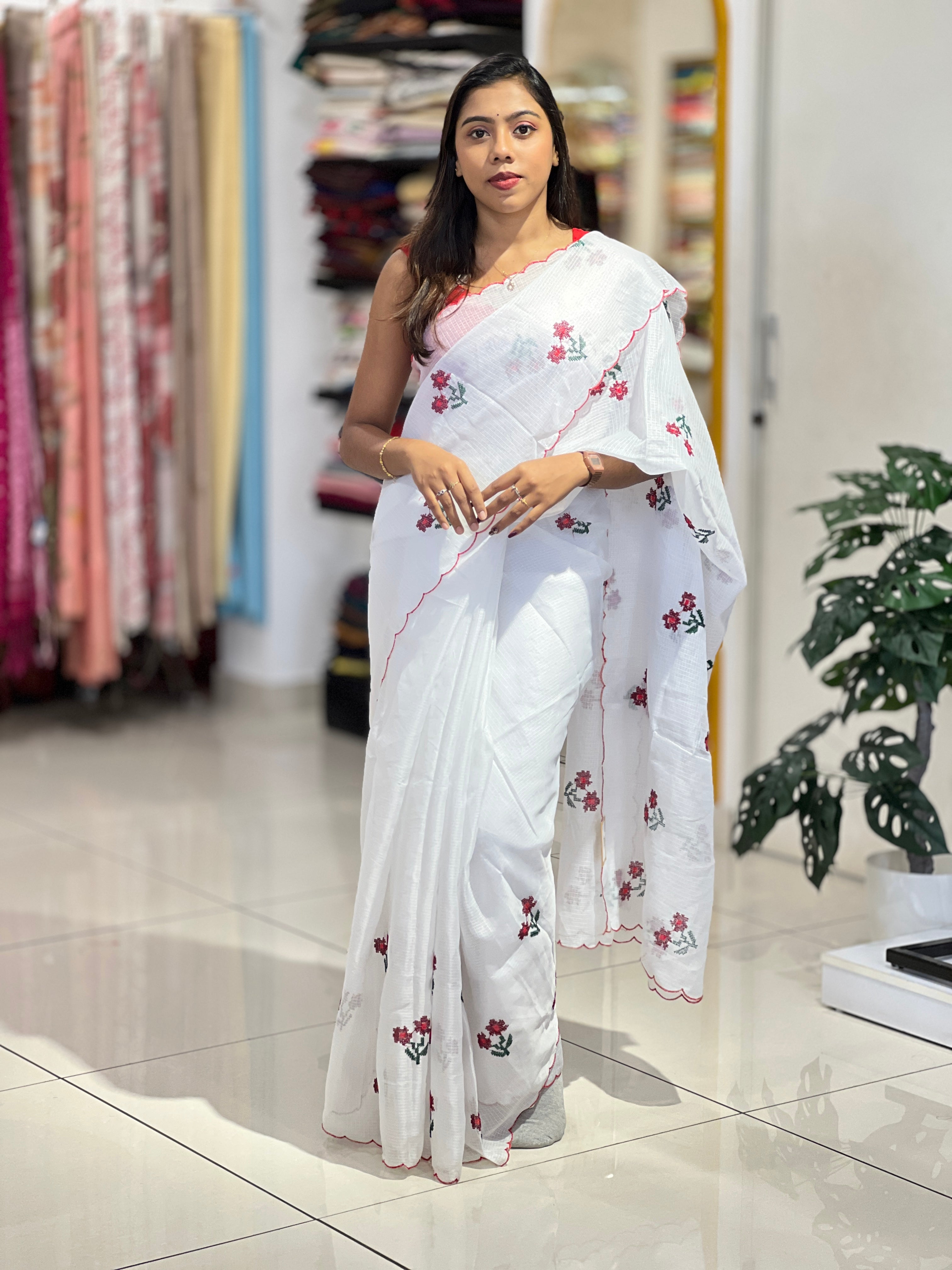 Floral Cross Stitch Embroidery Detailed Silky Kota Saree | HT345