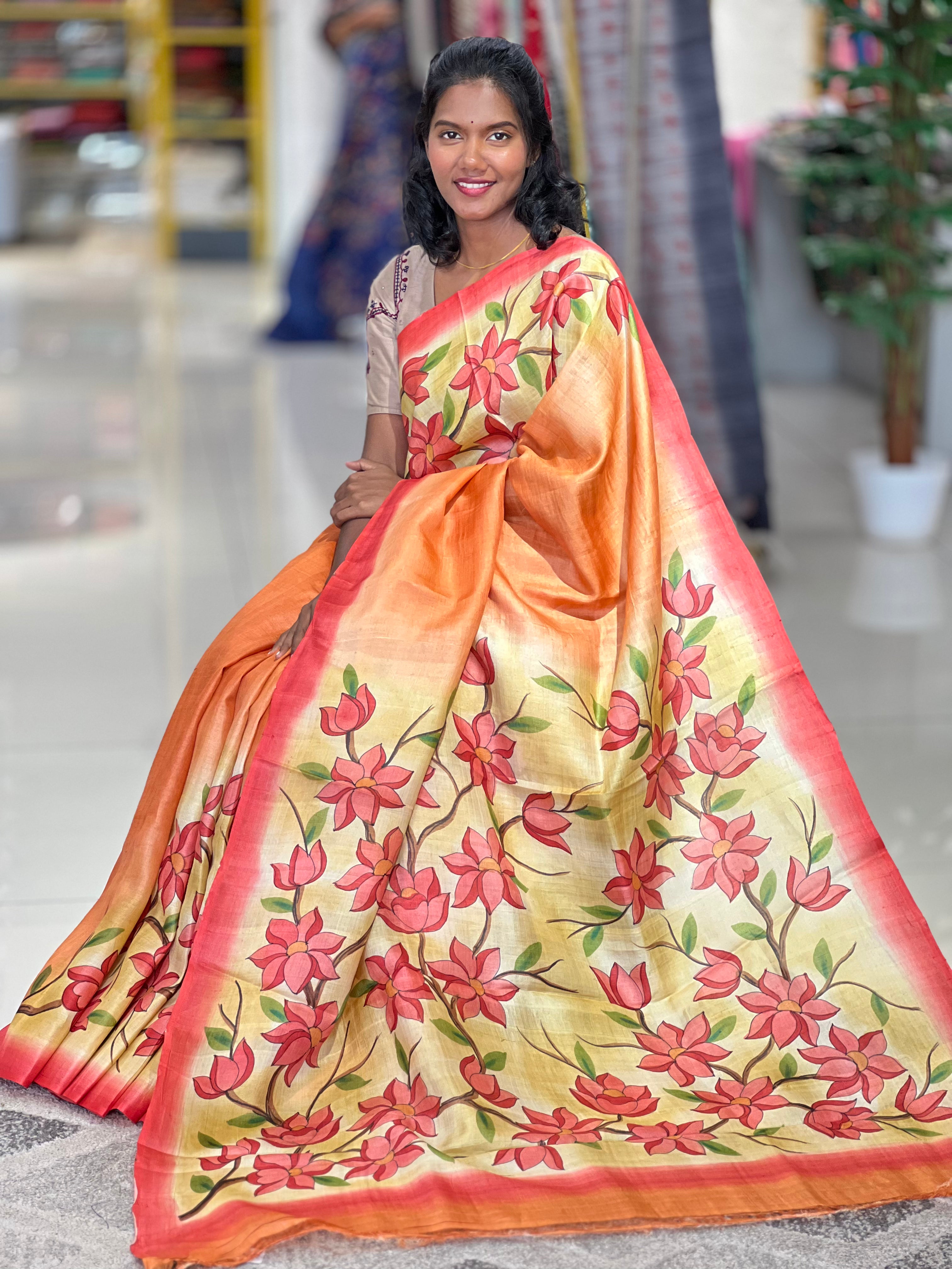 Floral Hand Painted Tussar Saree | SBS346