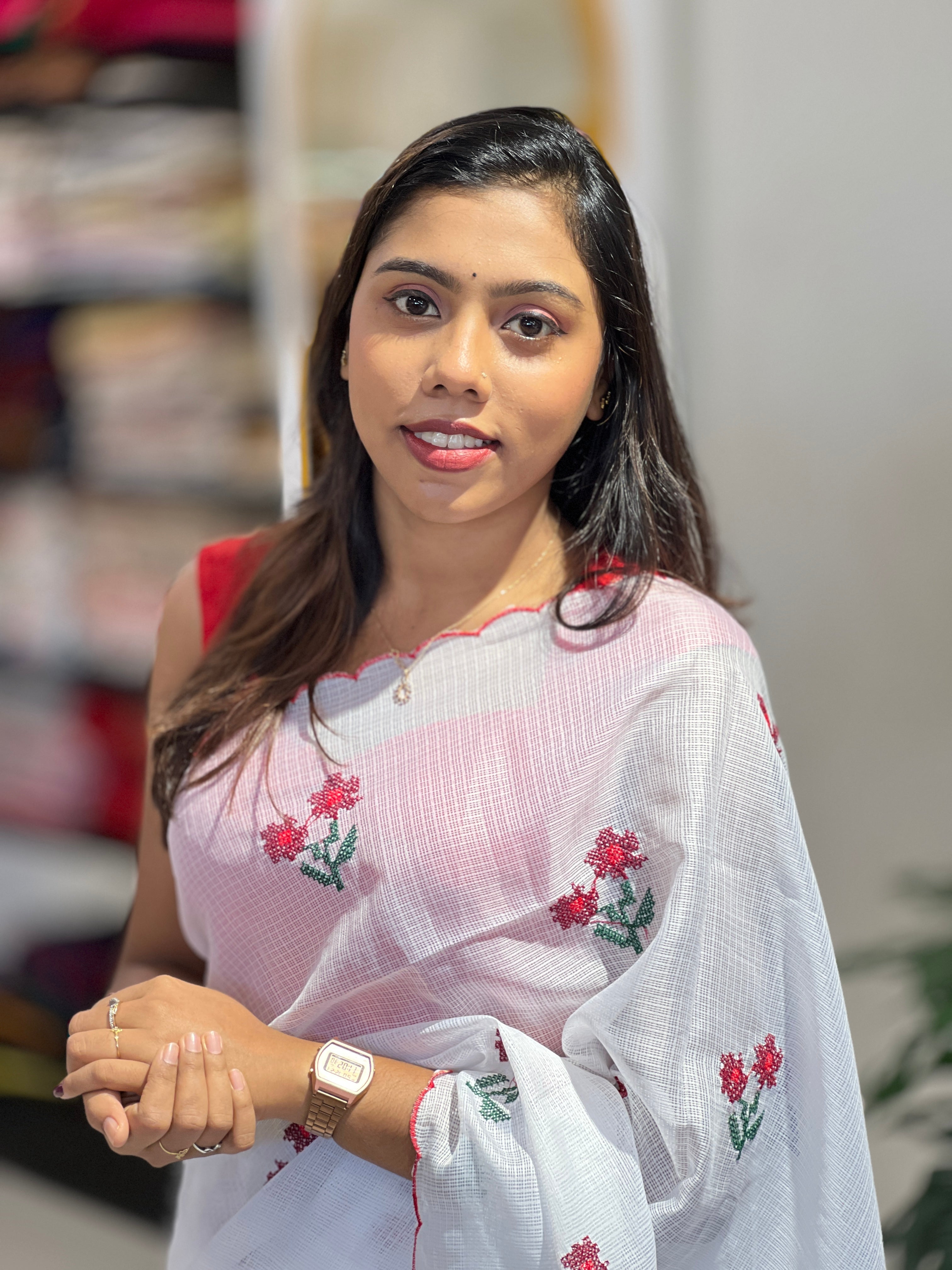 Floral Cross Stitch Embroidery Detailed Silky Kota Saree | HT345