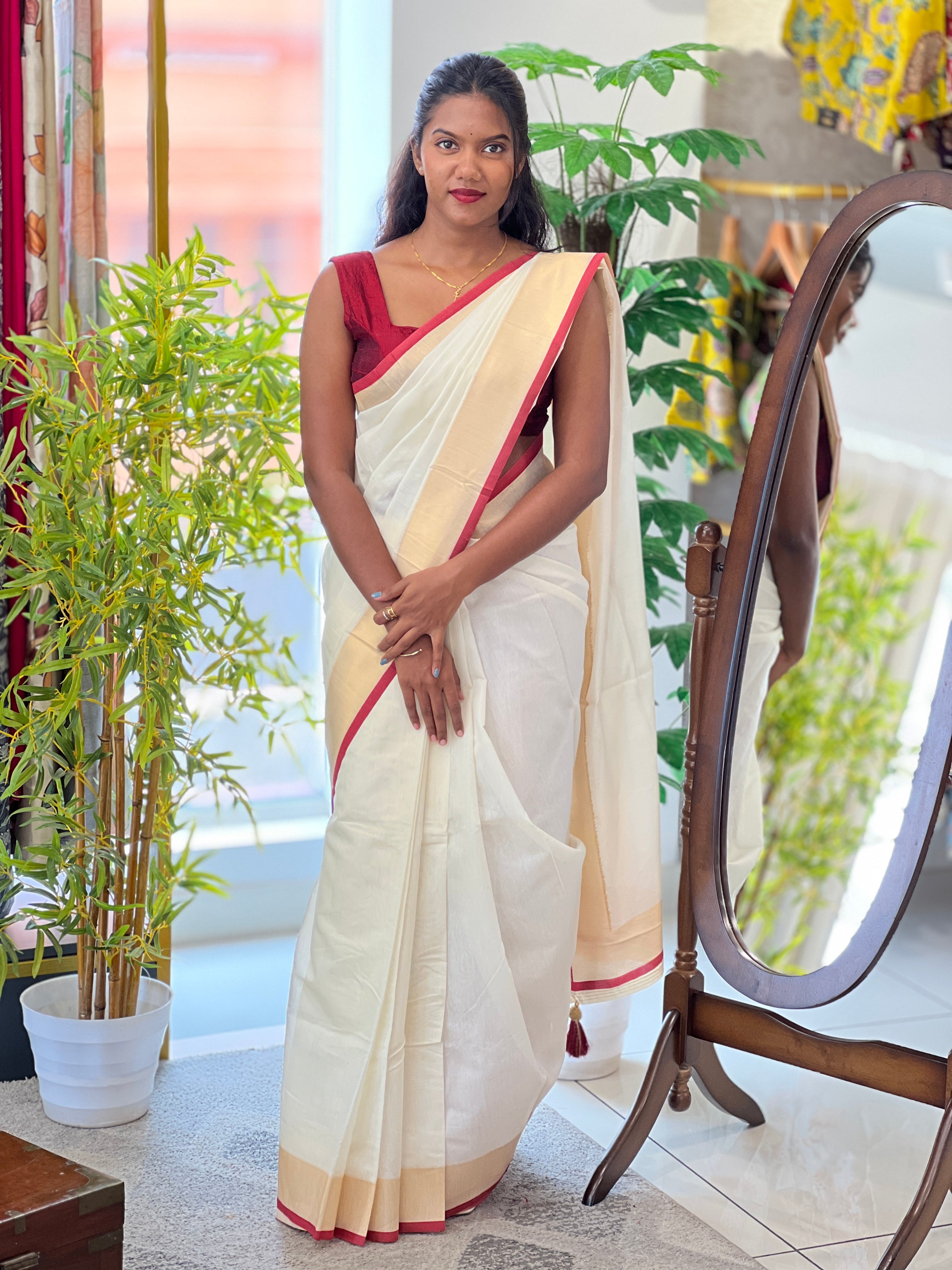 Kasavu With Maroon Kara Border Detailed Kerala Cotton Saree | HT256