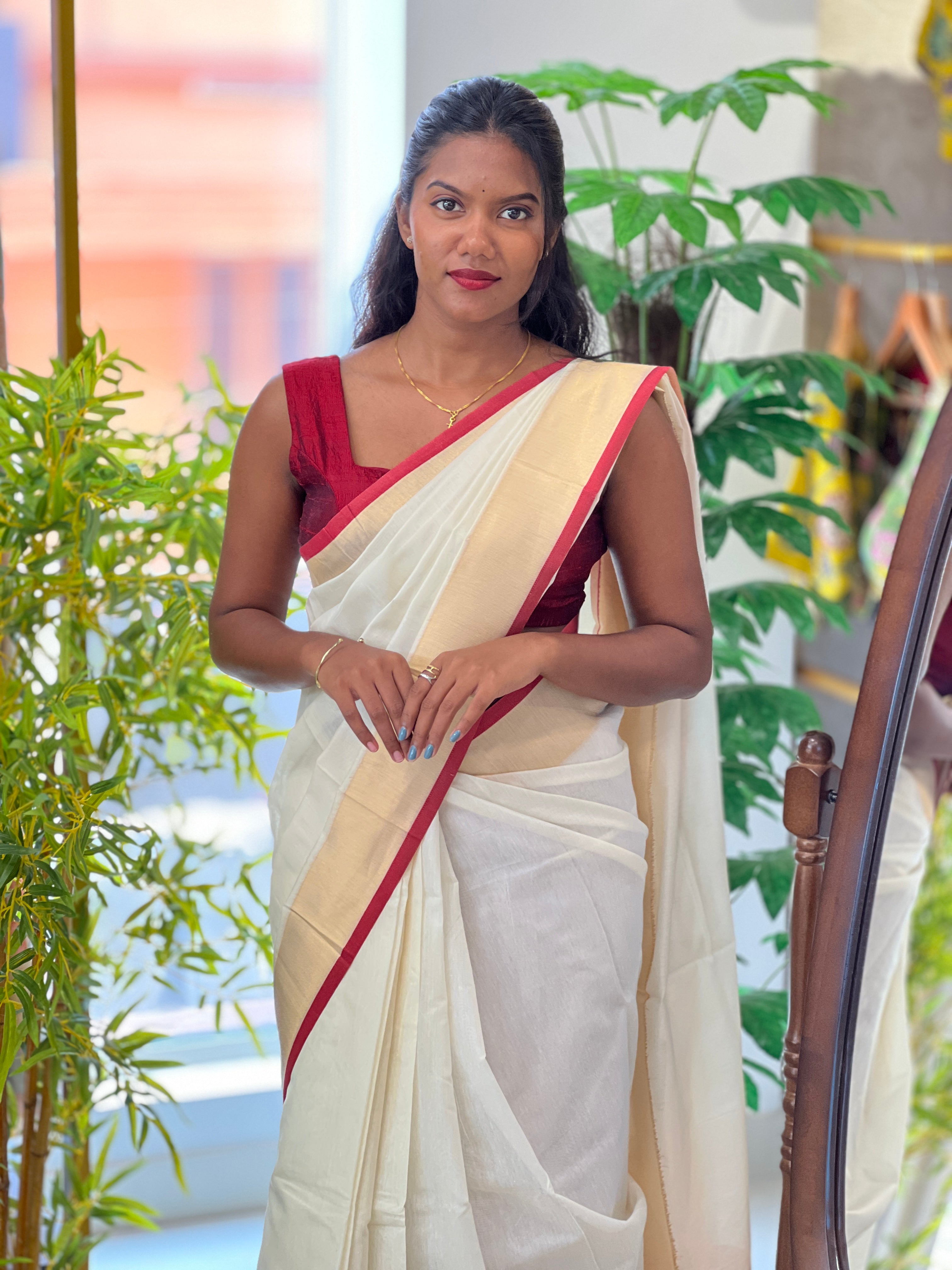 Kasavu With Maroon Kara Border Detailed Kerala Cotton Saree | HT256