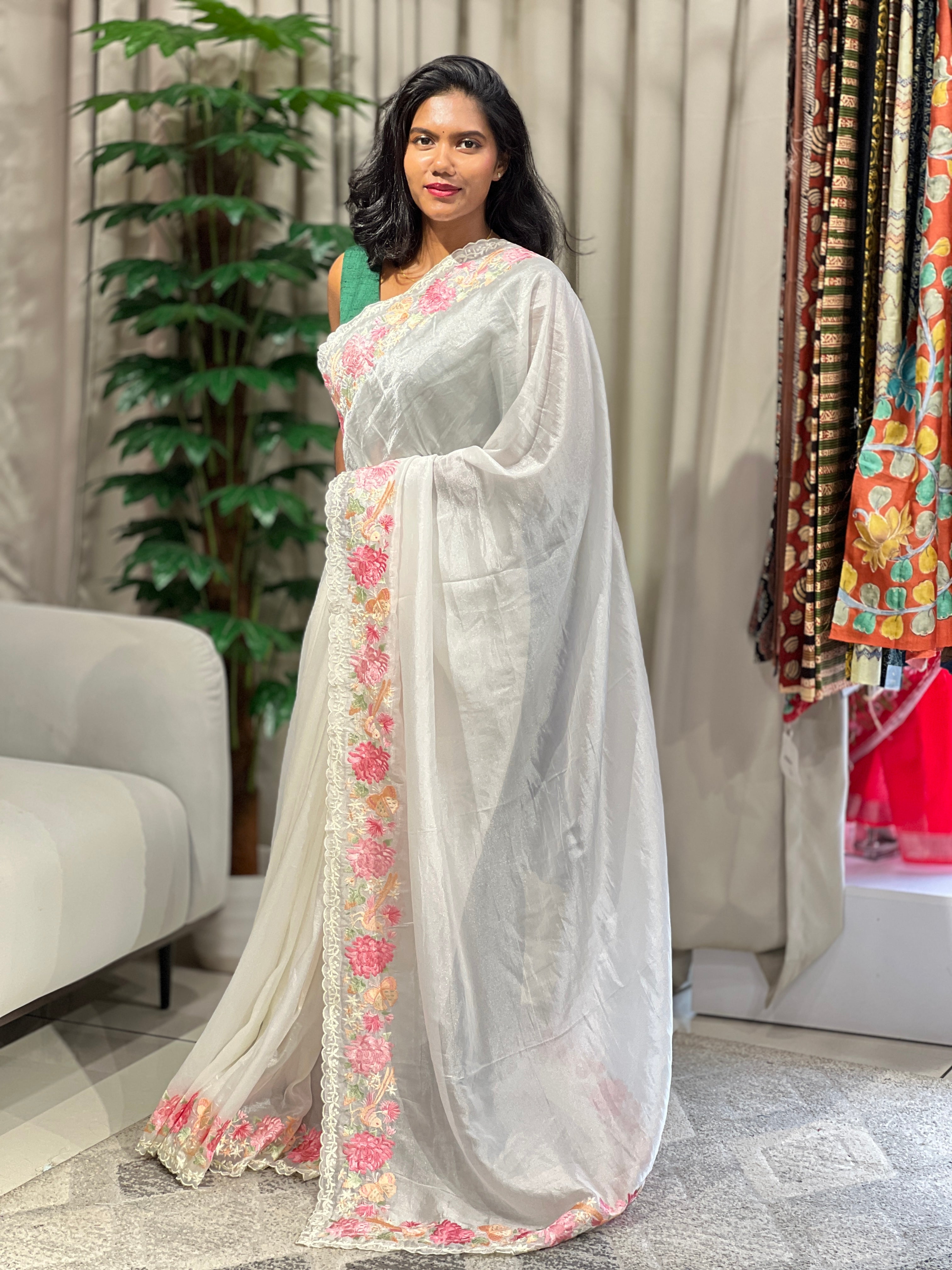 Multi-Colour Floral Embroidered Shimmer Organza Saree | BLD1489