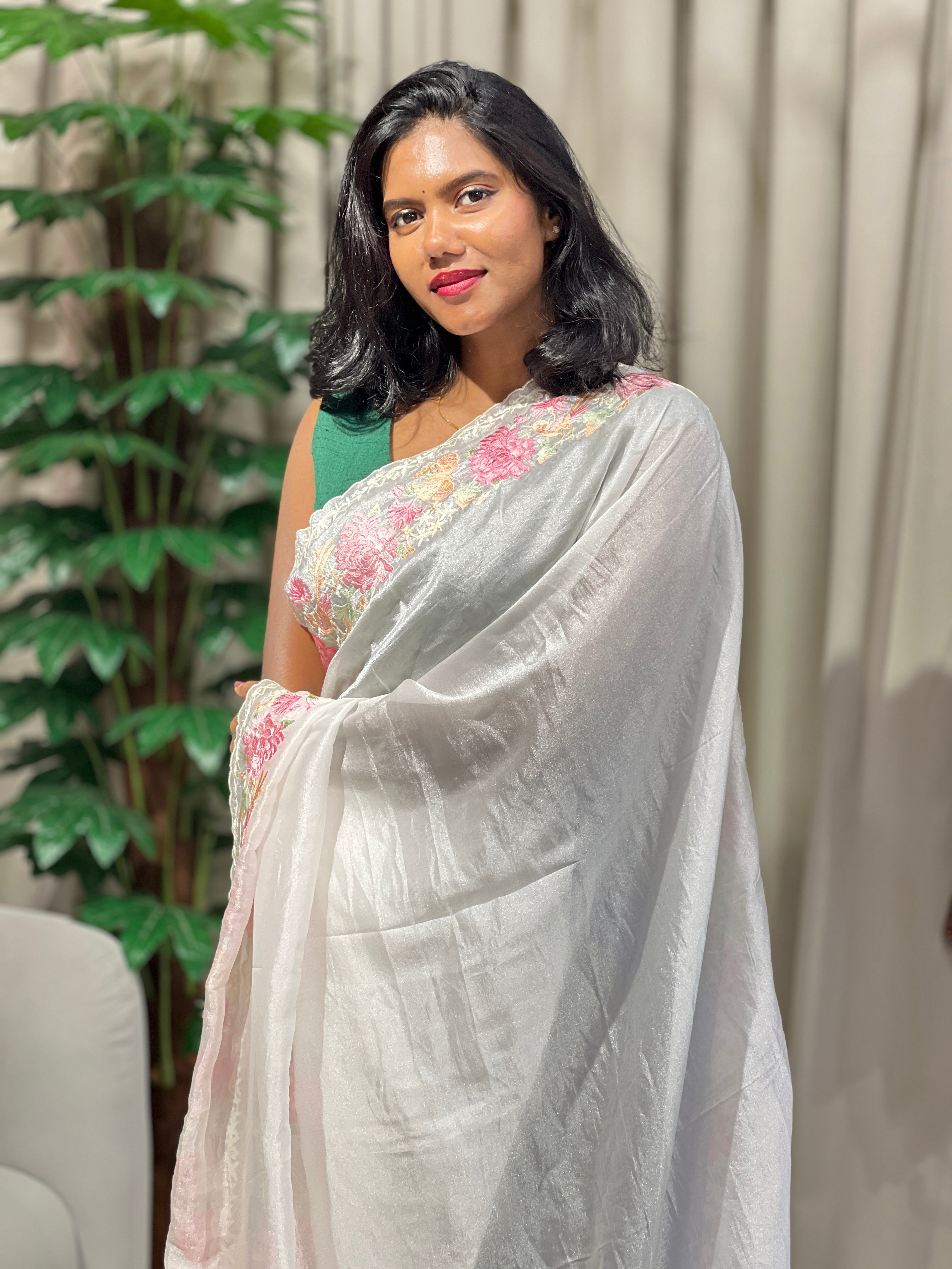 Multi-Colour Floral Embroidered Shimmer Organza Saree | BLD1489