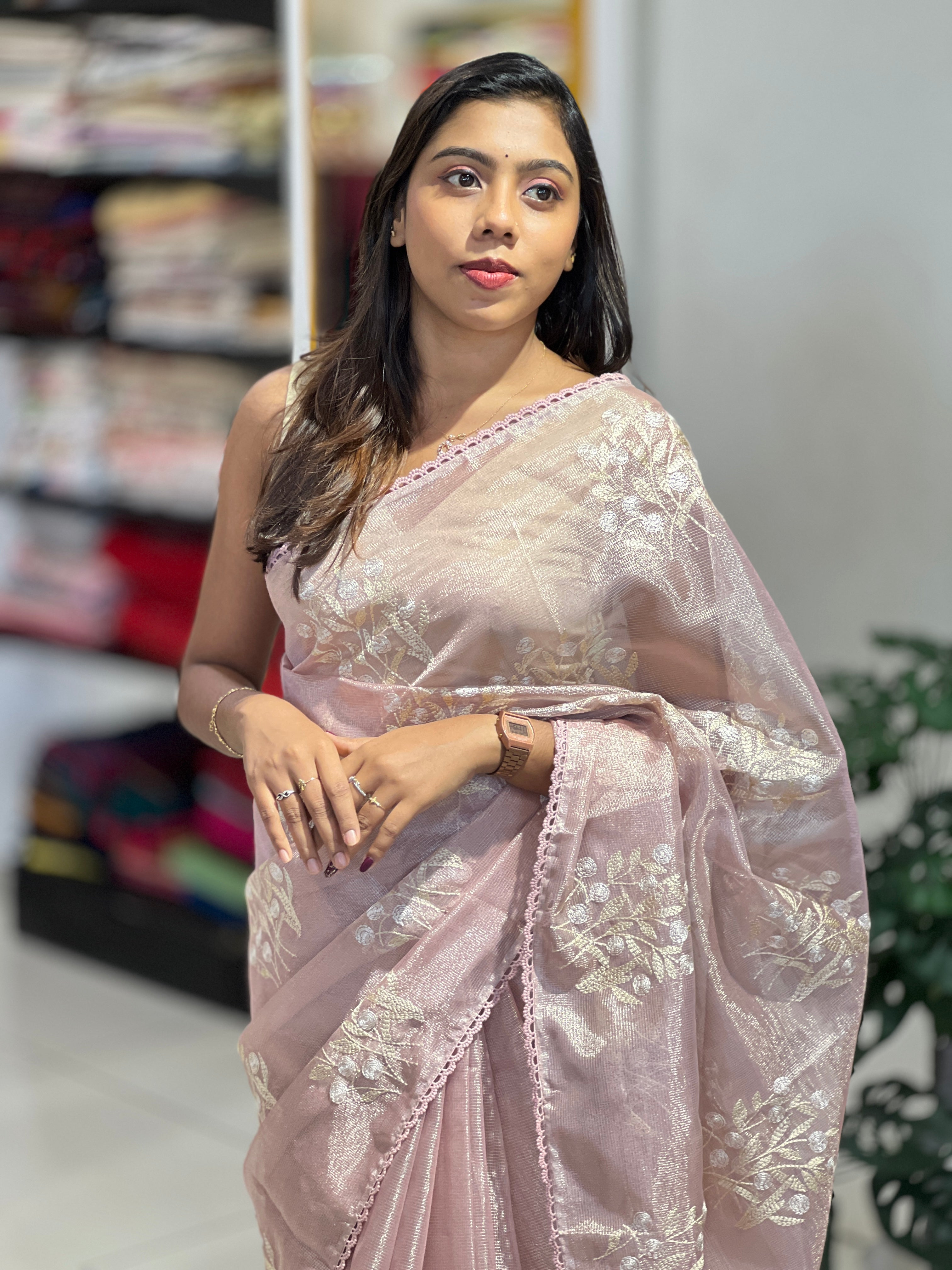 Floral Embroidery Detailed Tissue Saree | PKS149