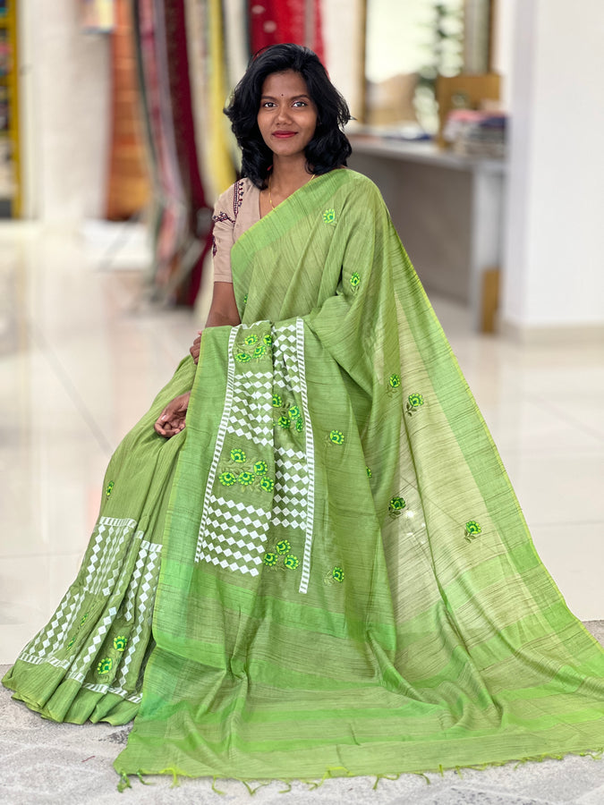 Floral & Geometric Embroidered Bhagalpuri Linen Saree | NHH444