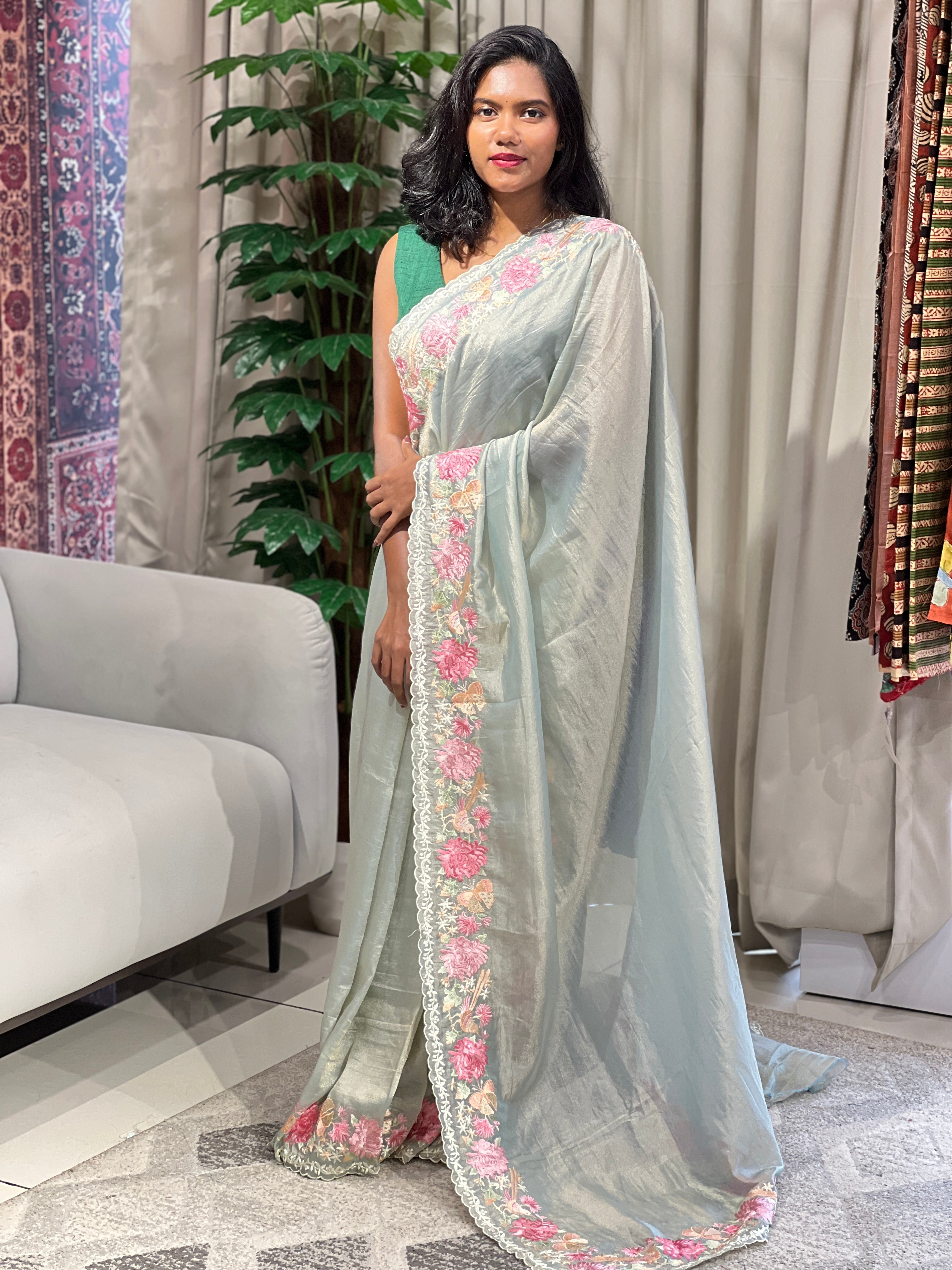 Multi-Colour Floral Embroidered Shimmer Organza Saree | BLD1485