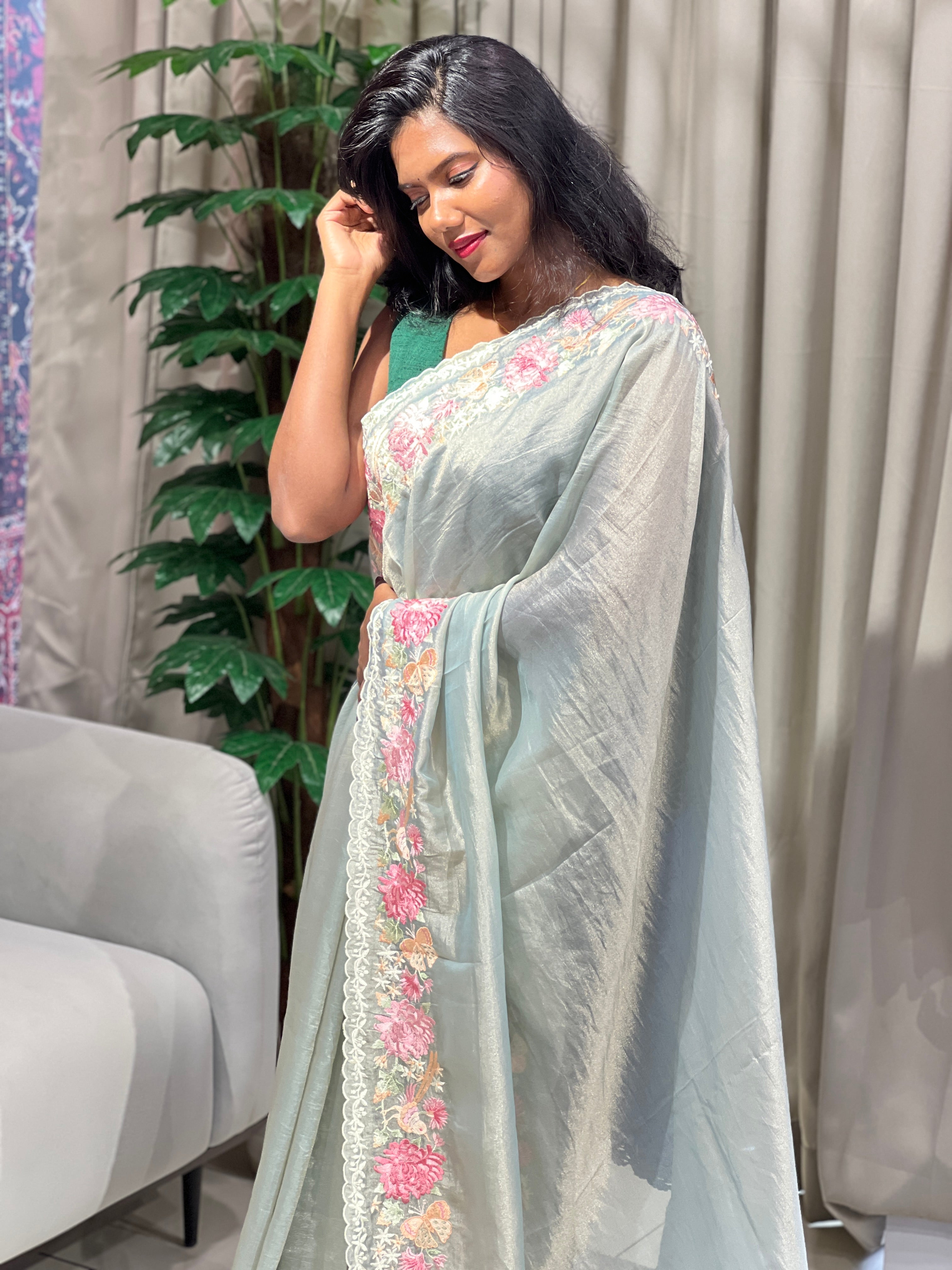 Multi-Colour Floral Embroidered Shimmer Organza Saree | BLD1485