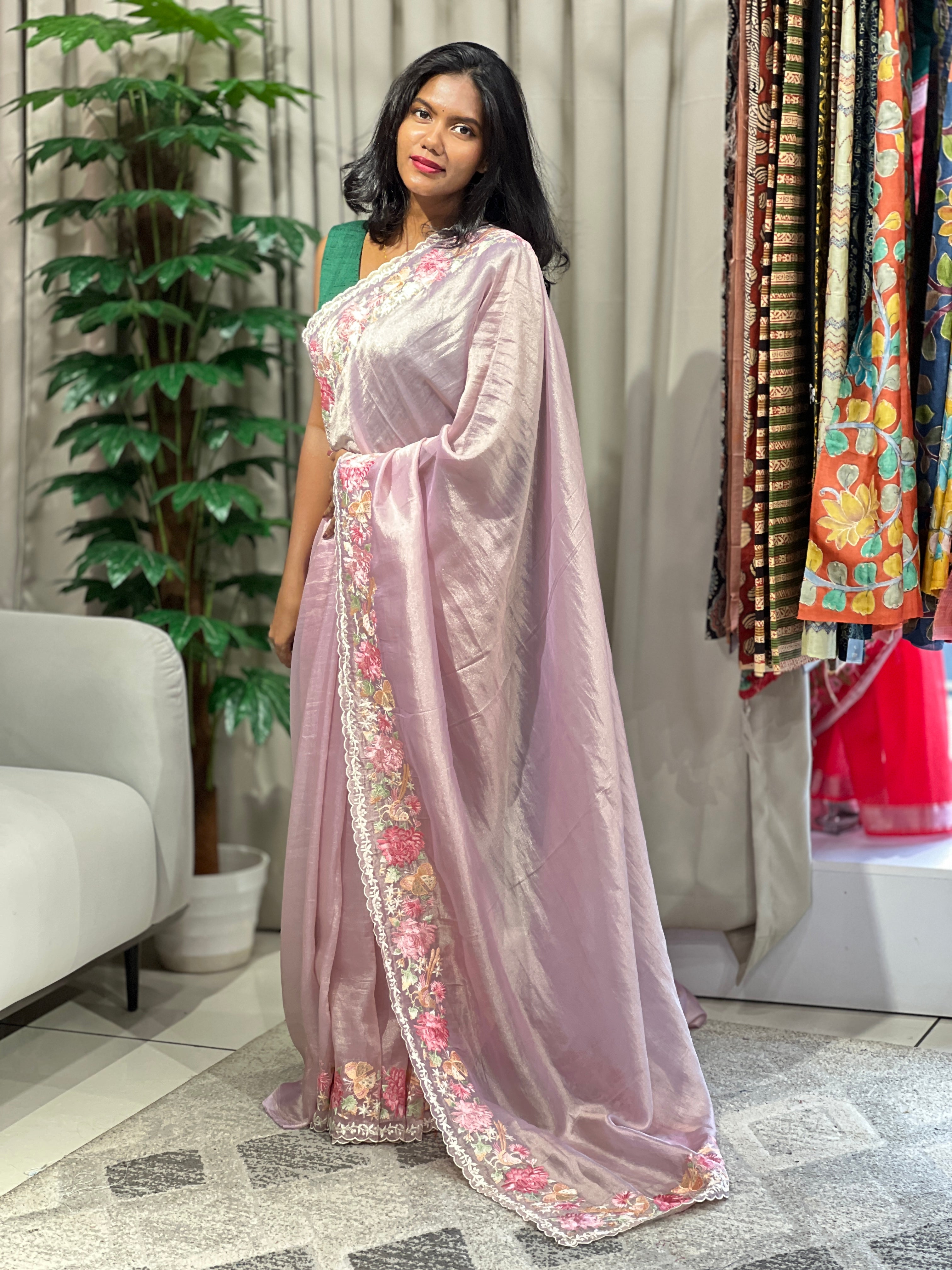 Multi-Colour Floral Embroidered Shimmer Organza Saree | BLD1488