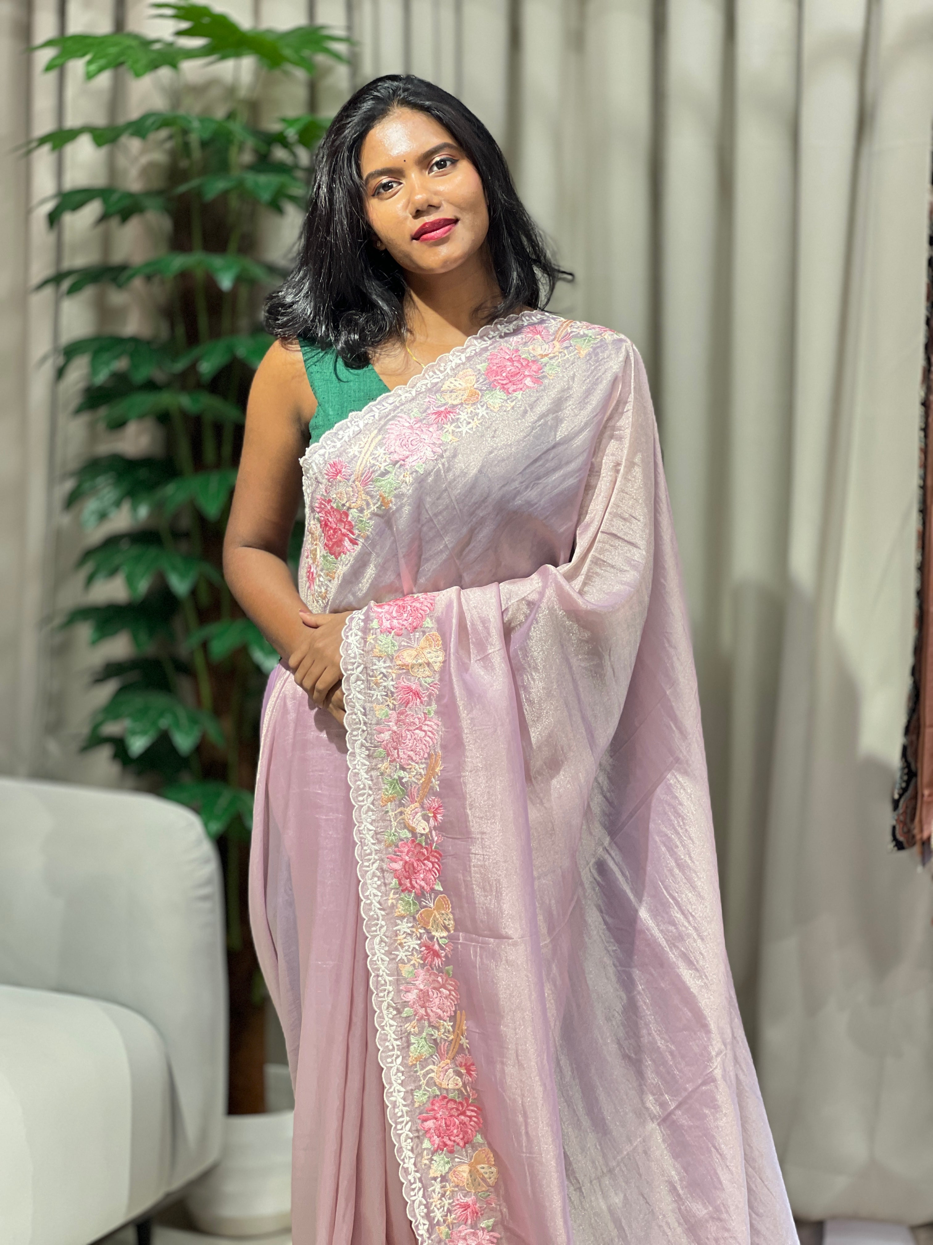 Multi-Colour Floral Embroidered Shimmer Organza Saree | BLD1488