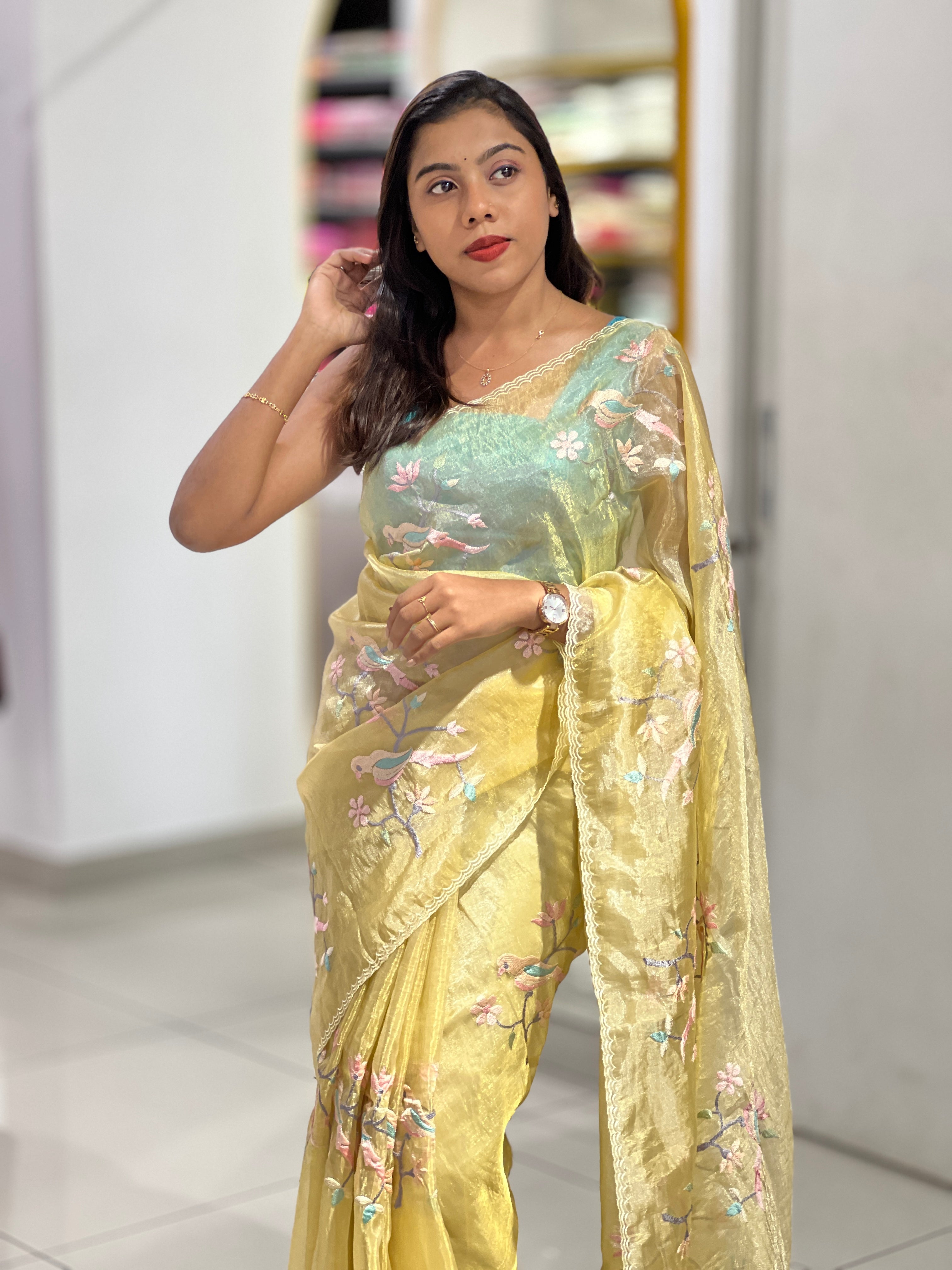 Machine Embroidery Detailed Shimmer Organza Saree | BLD1529