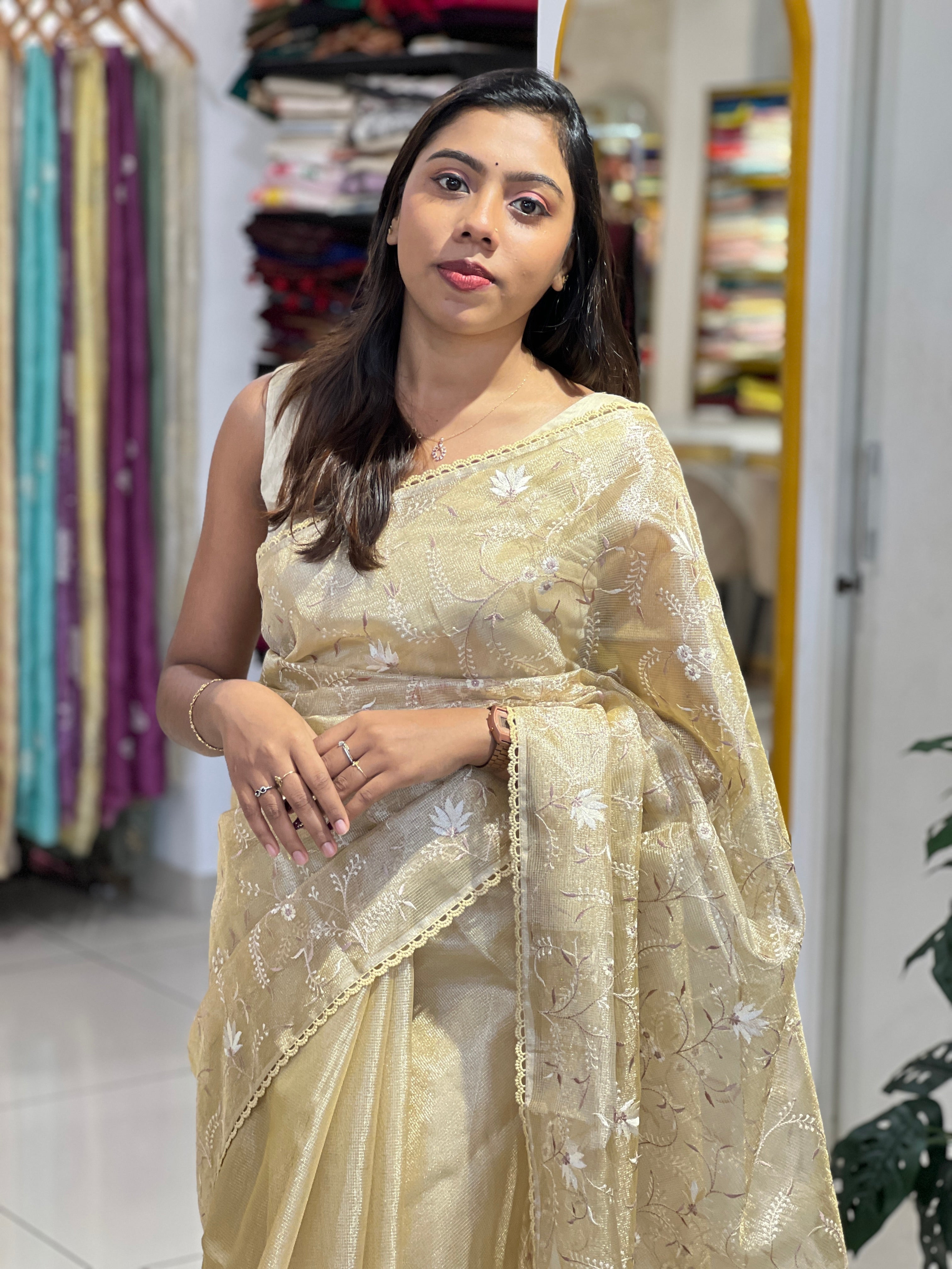 Floral Embroidery Detailed Tissue Saree | PKS155