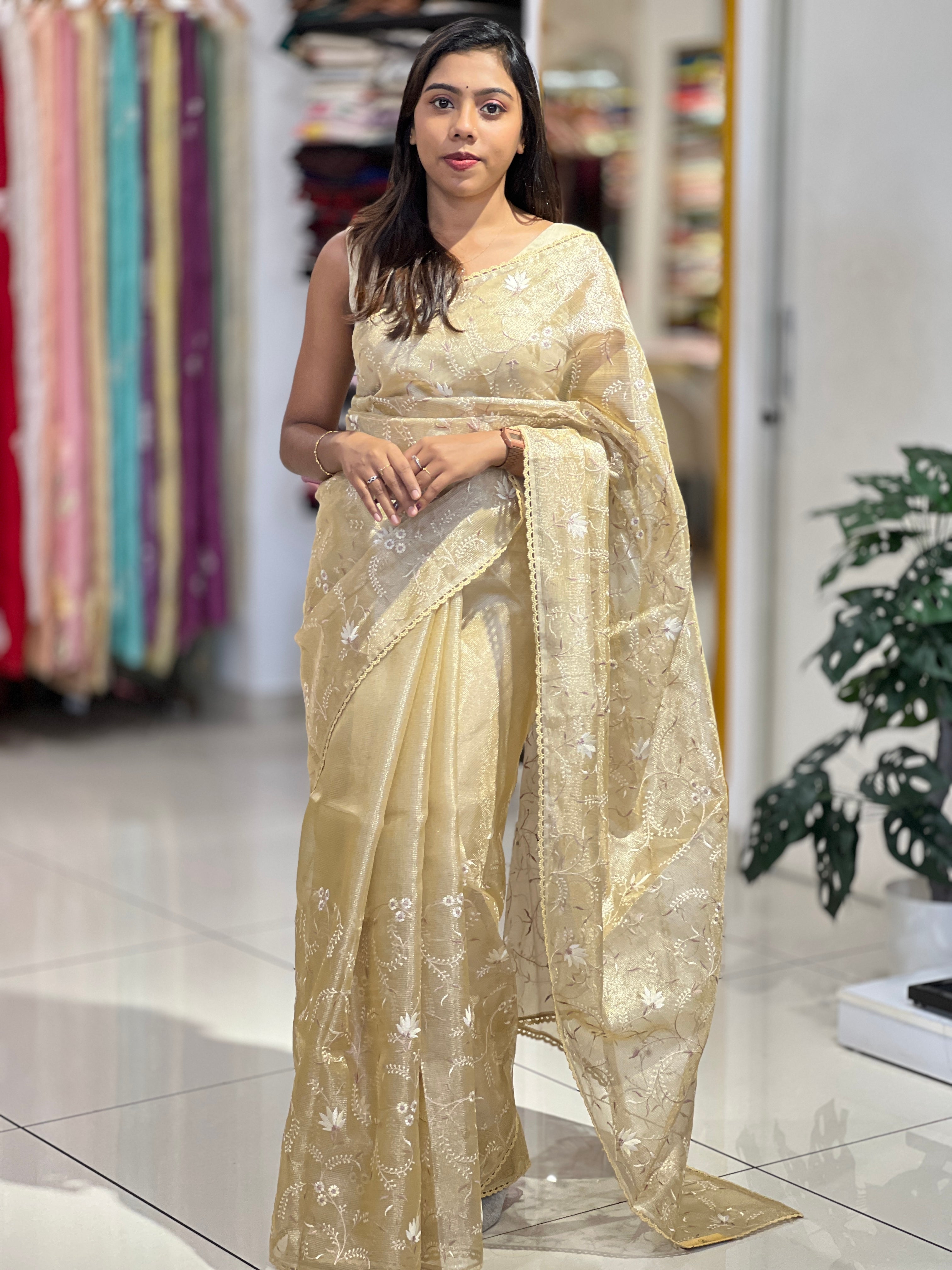 Floral Embroidery Detailed Tissue Saree | PKS155