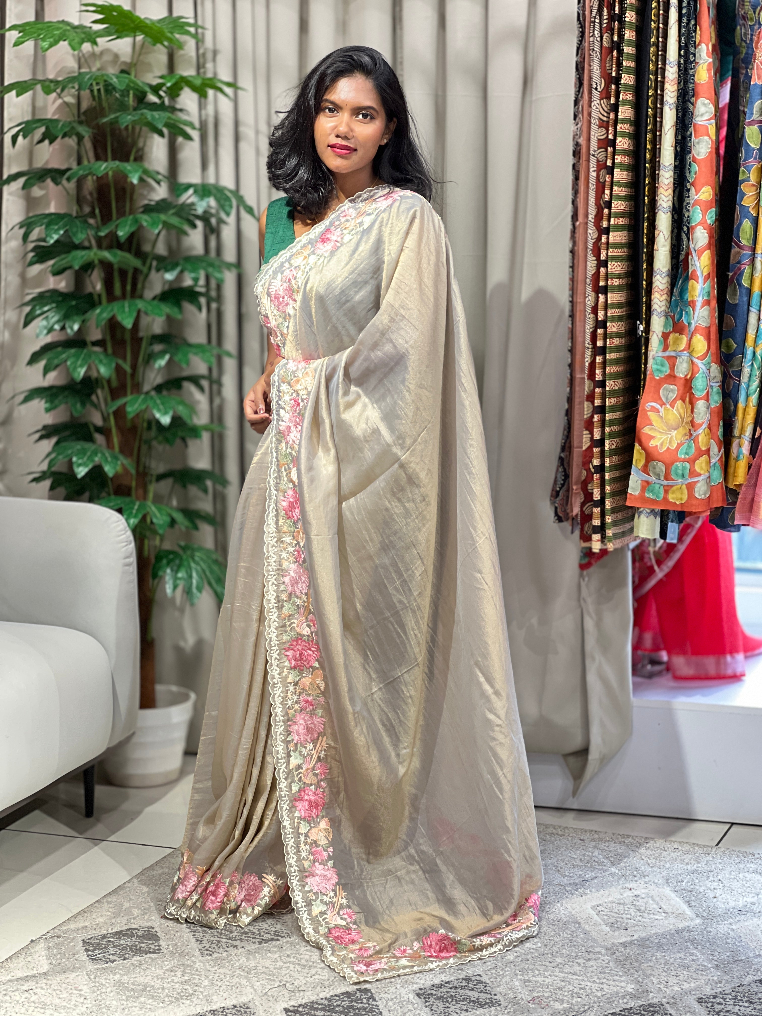 Multi-Colour Floral Embroidered Shimmer Organza Saree | BLD1486