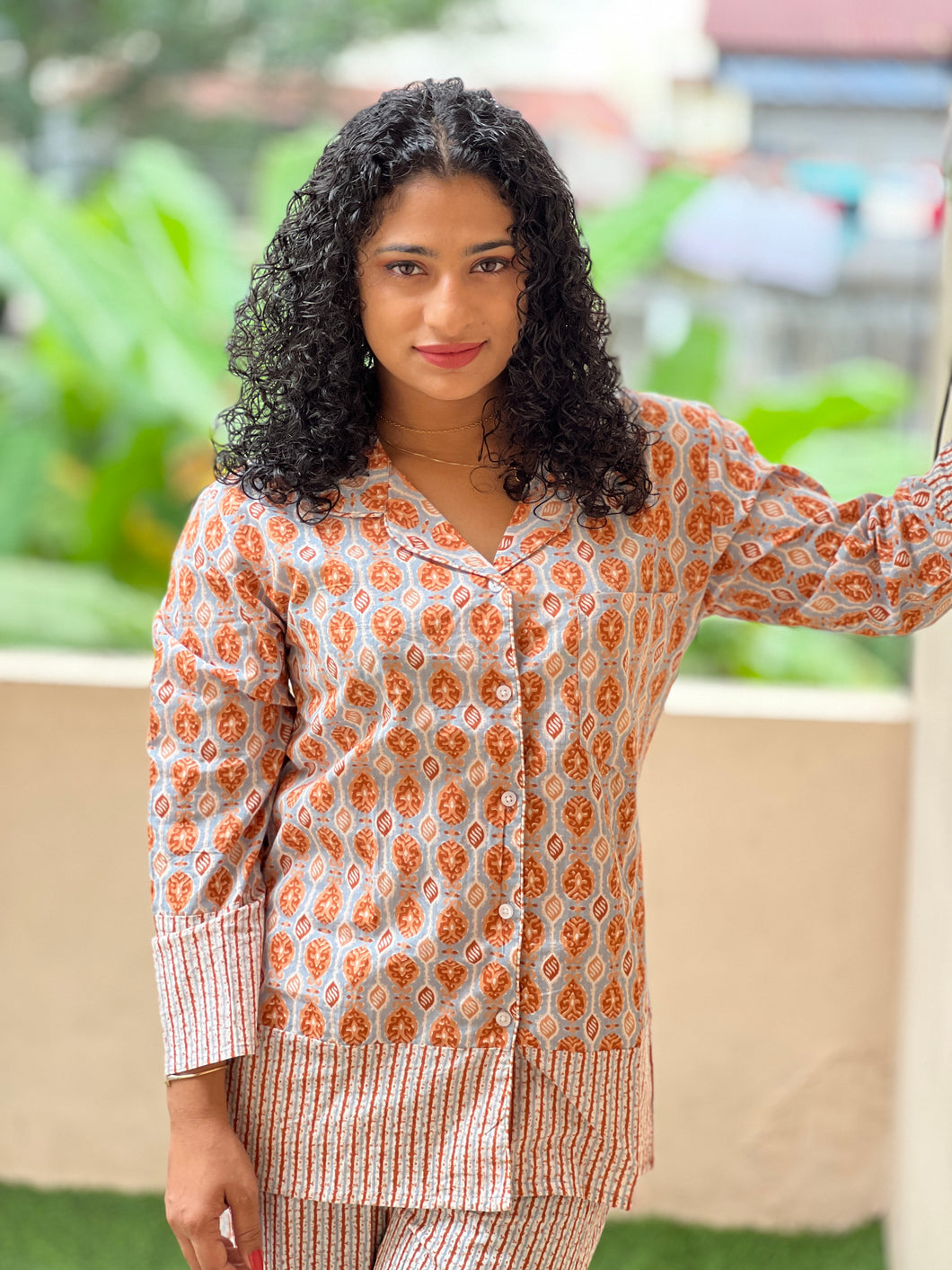 Orange & Grey Screen-Printed Cotton Top & Bottom | NCF134