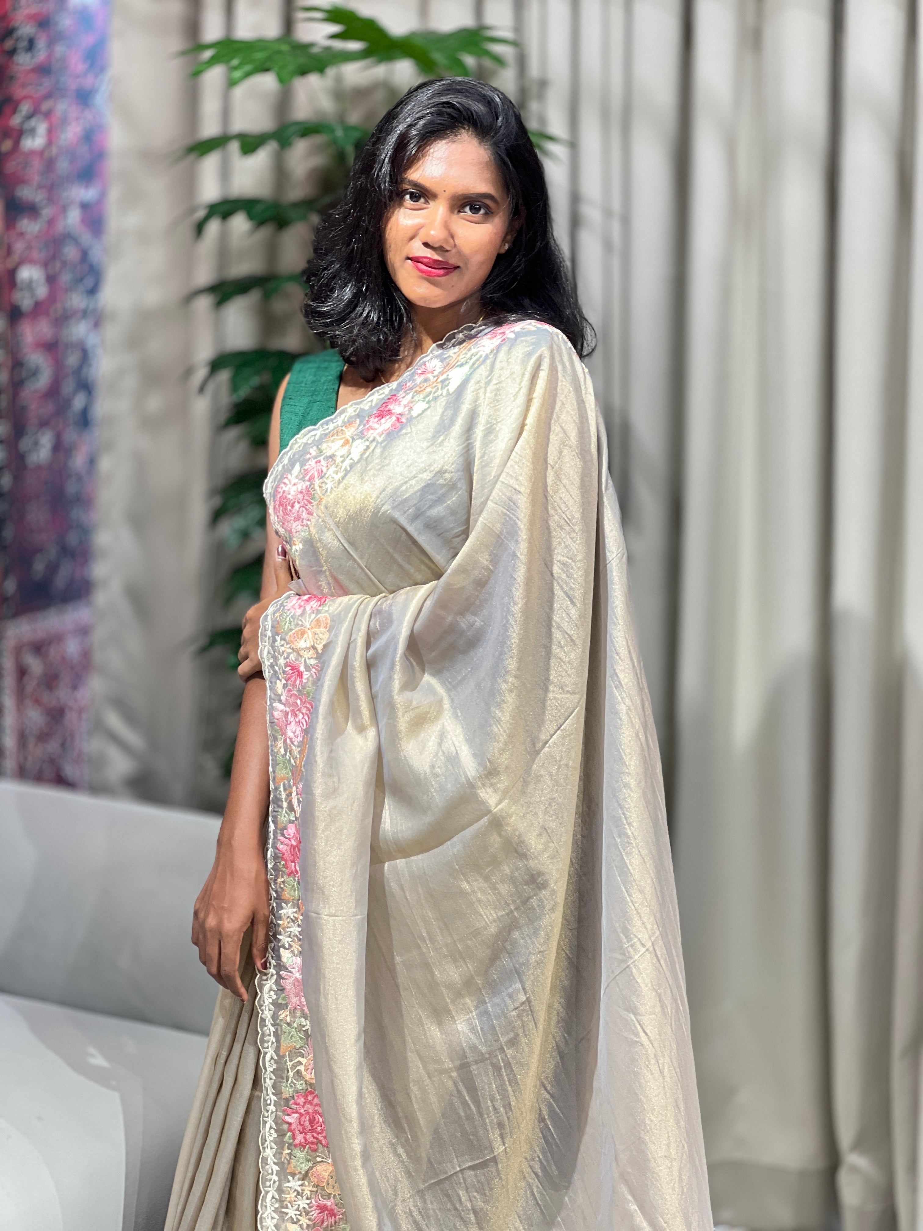 Multi-Colour Floral Embroidered Shimmer Organza Saree | BLD1486