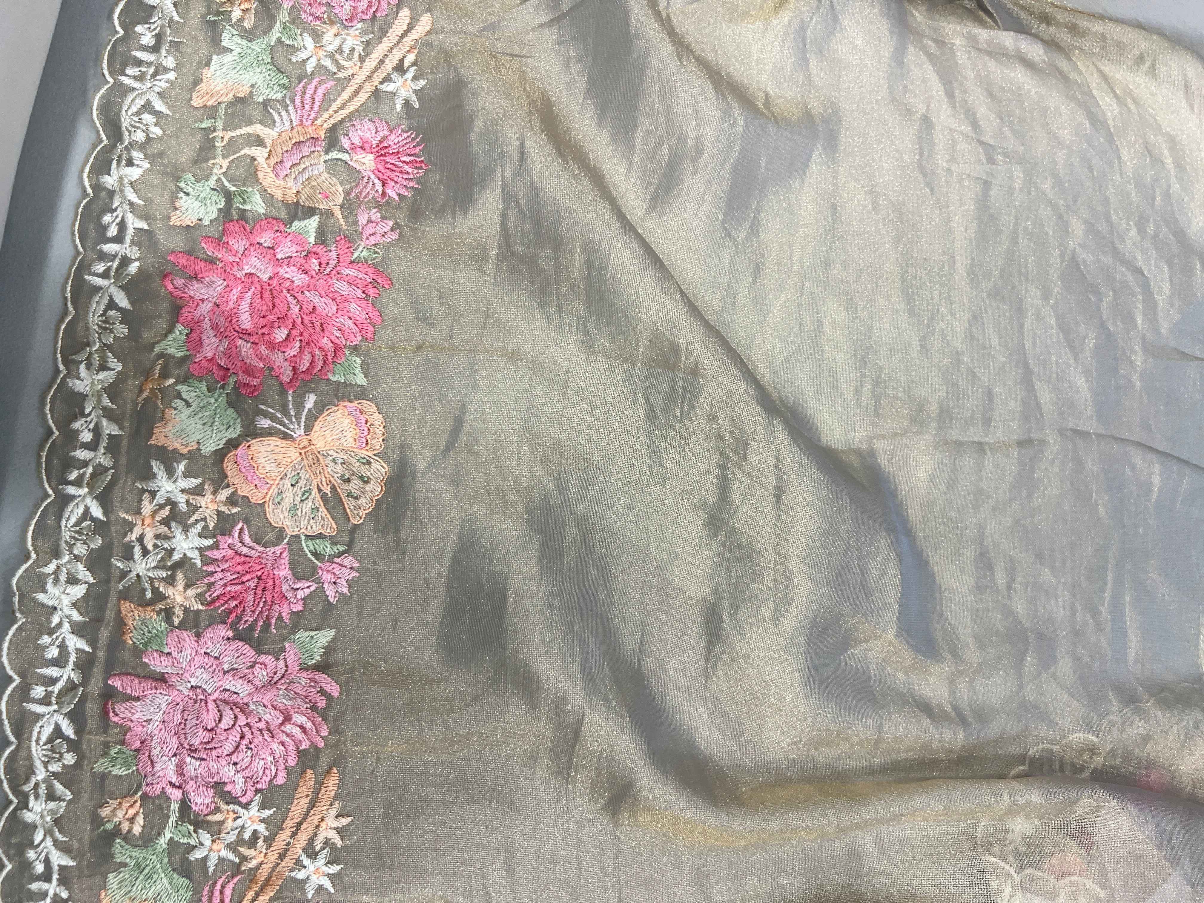 Multi-Colour Floral Embroidered Shimmer Organza Saree | BLD1486