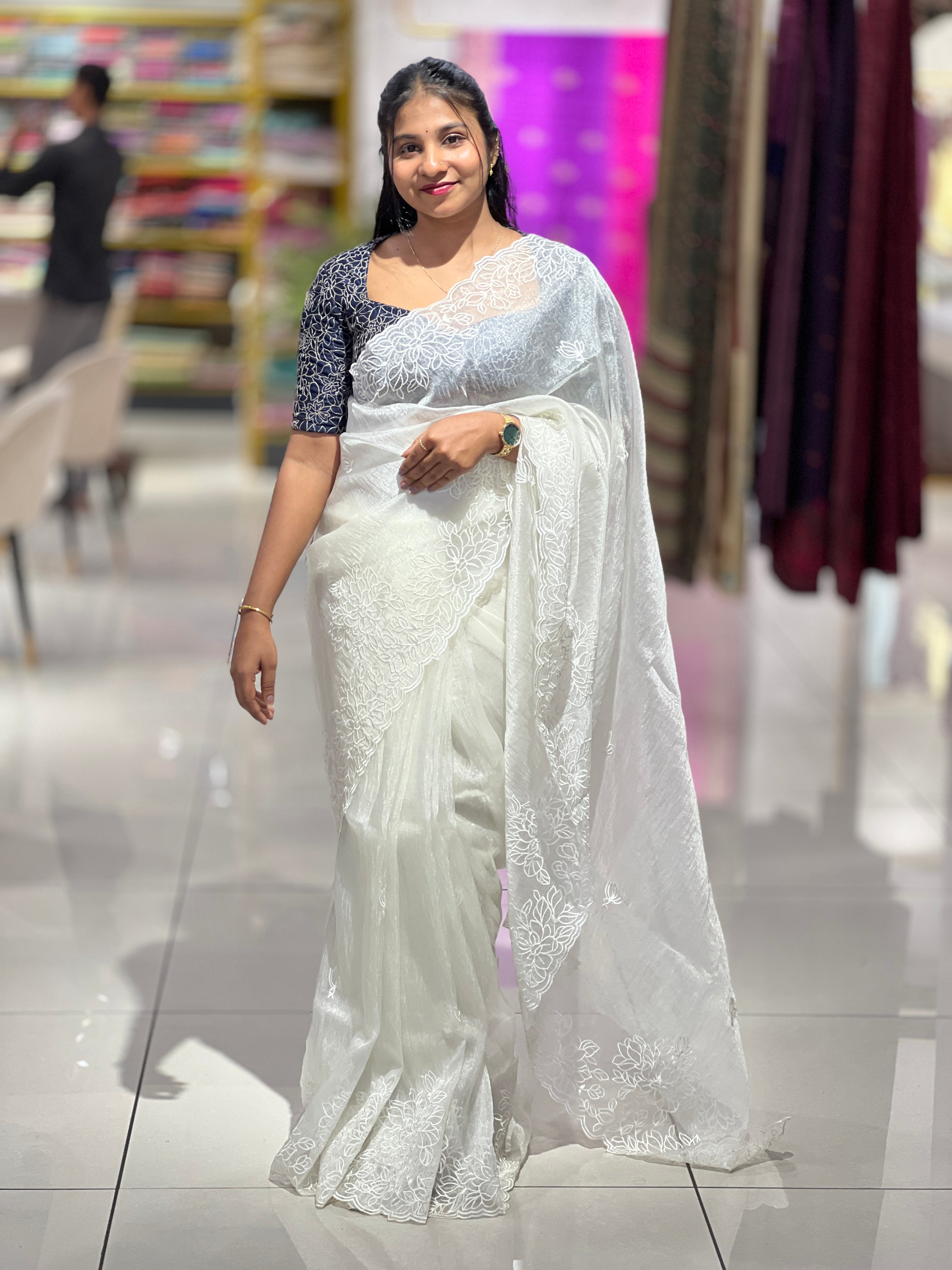 Floral Machine Embroidery Detailed Shimmer Organza Saree | BLD1523