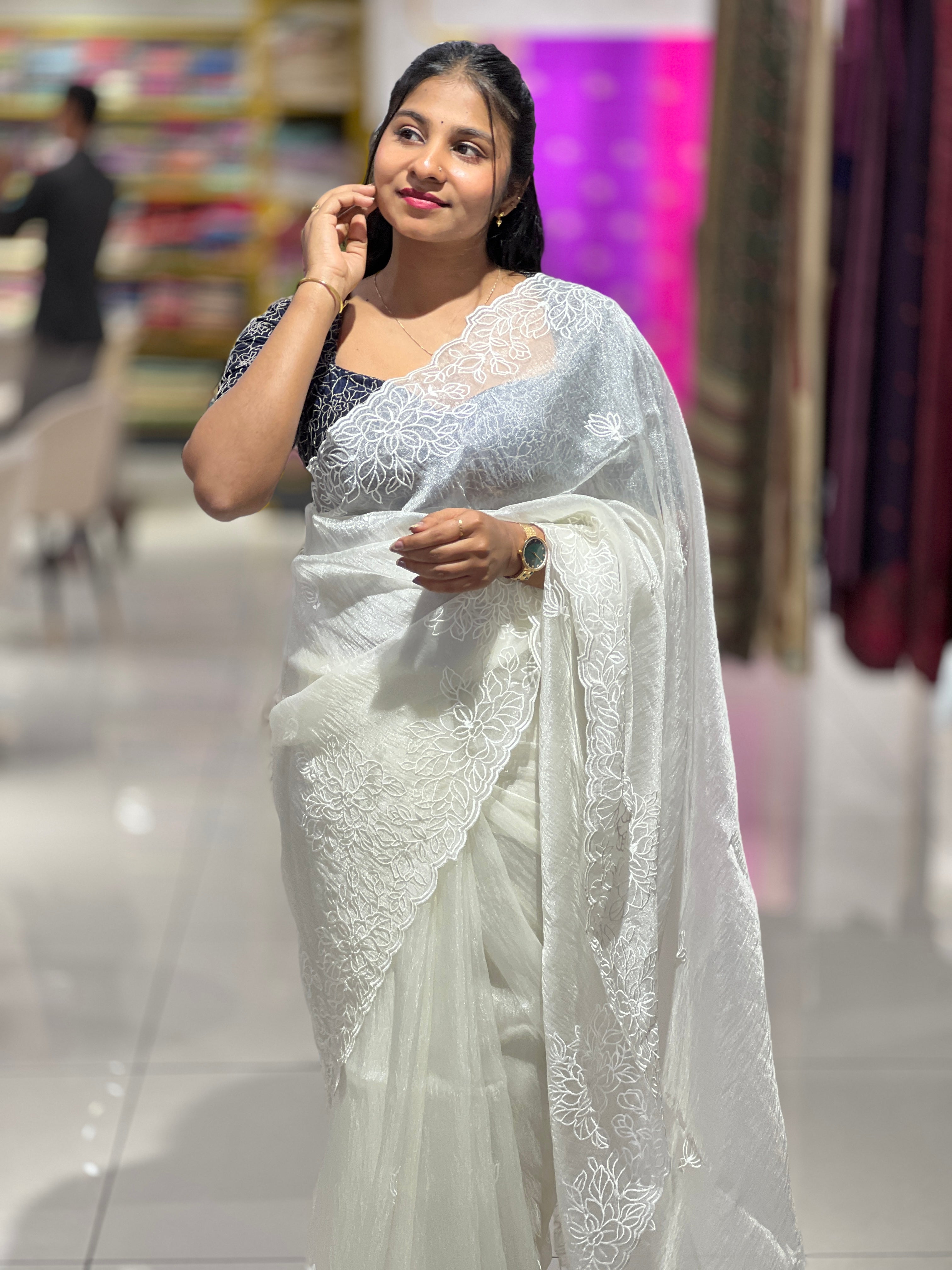 Floral Machine Embroidery Detailed Shimmer Organza Saree | BLD1523