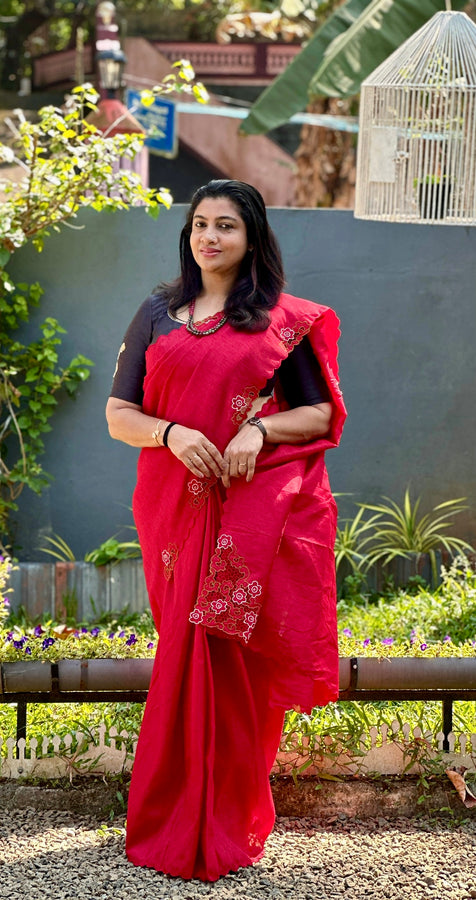 Red Color Twine Cutwork Semi Tussar Saree | TC281