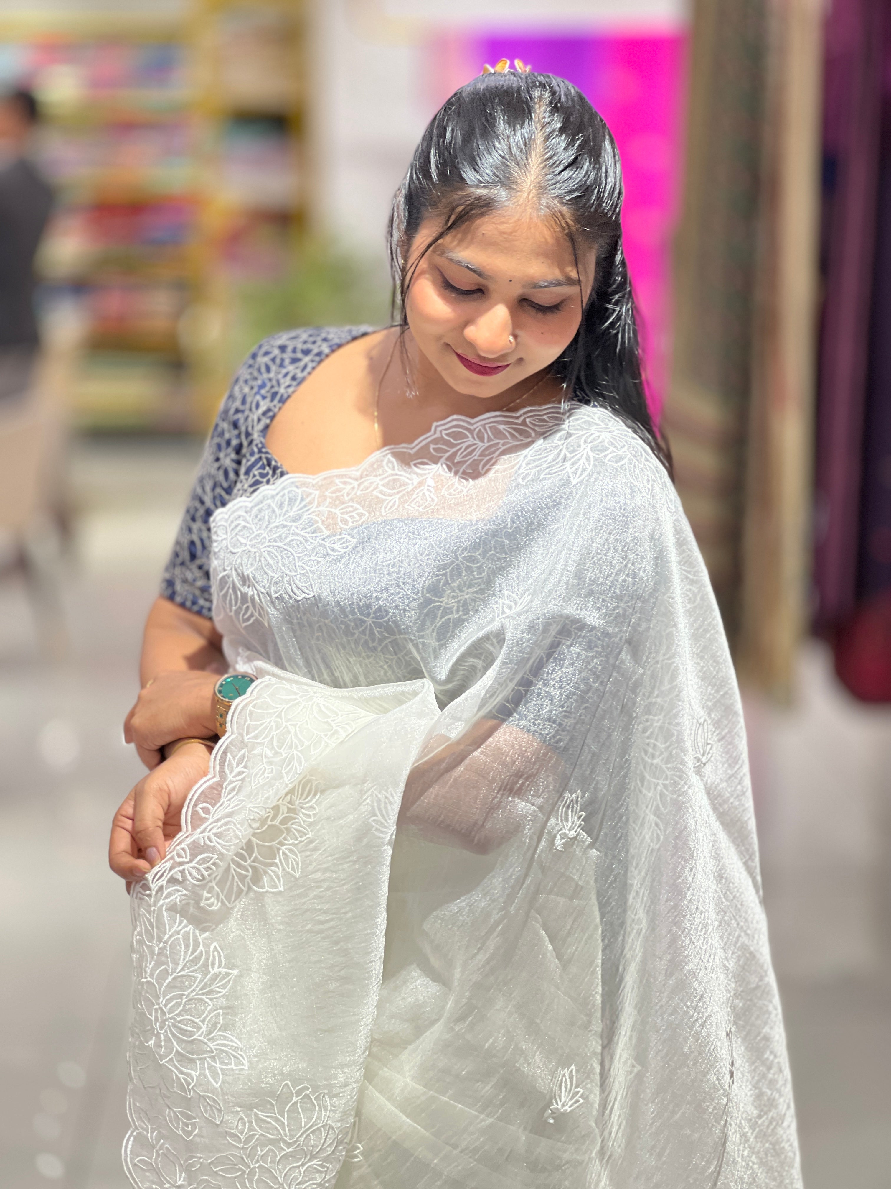 Floral Machine Embroidery Detailed Shimmer Organza Saree | BLD1523