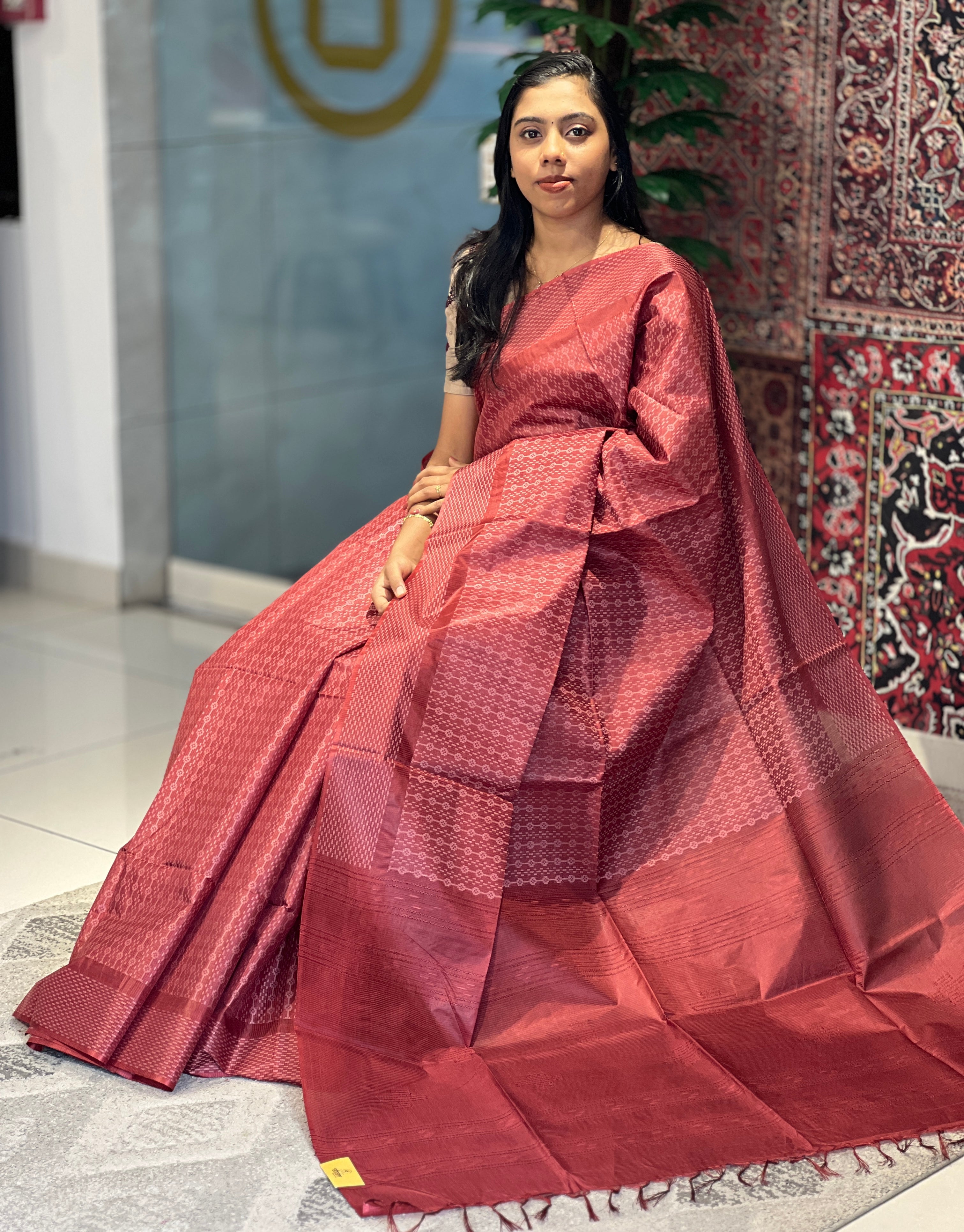 Geometric Weaving Patterned Tussar Finish Saree | PNS104