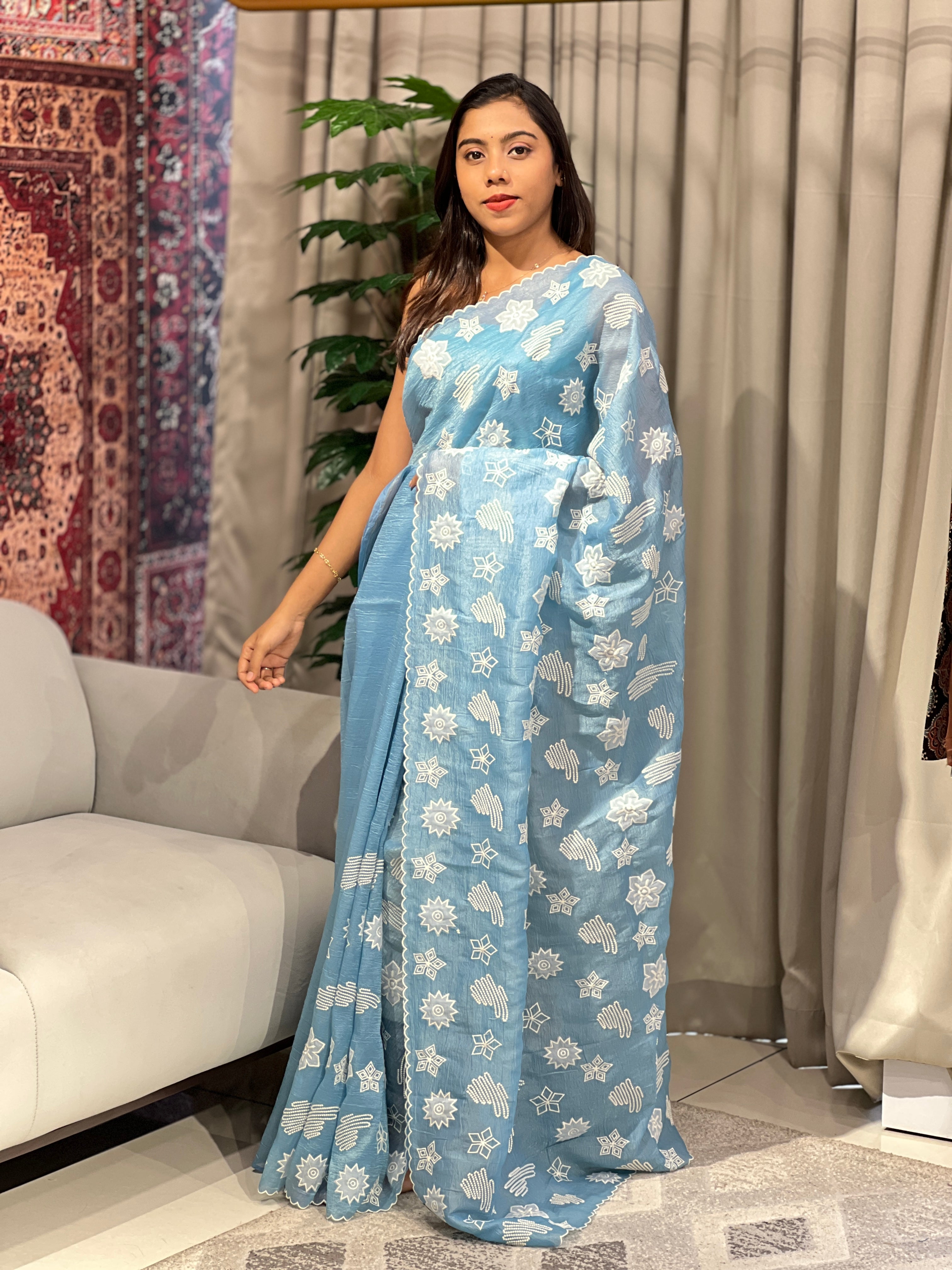 Applique Work & Point Embroidered Crushed Organza Saree | BLD1510