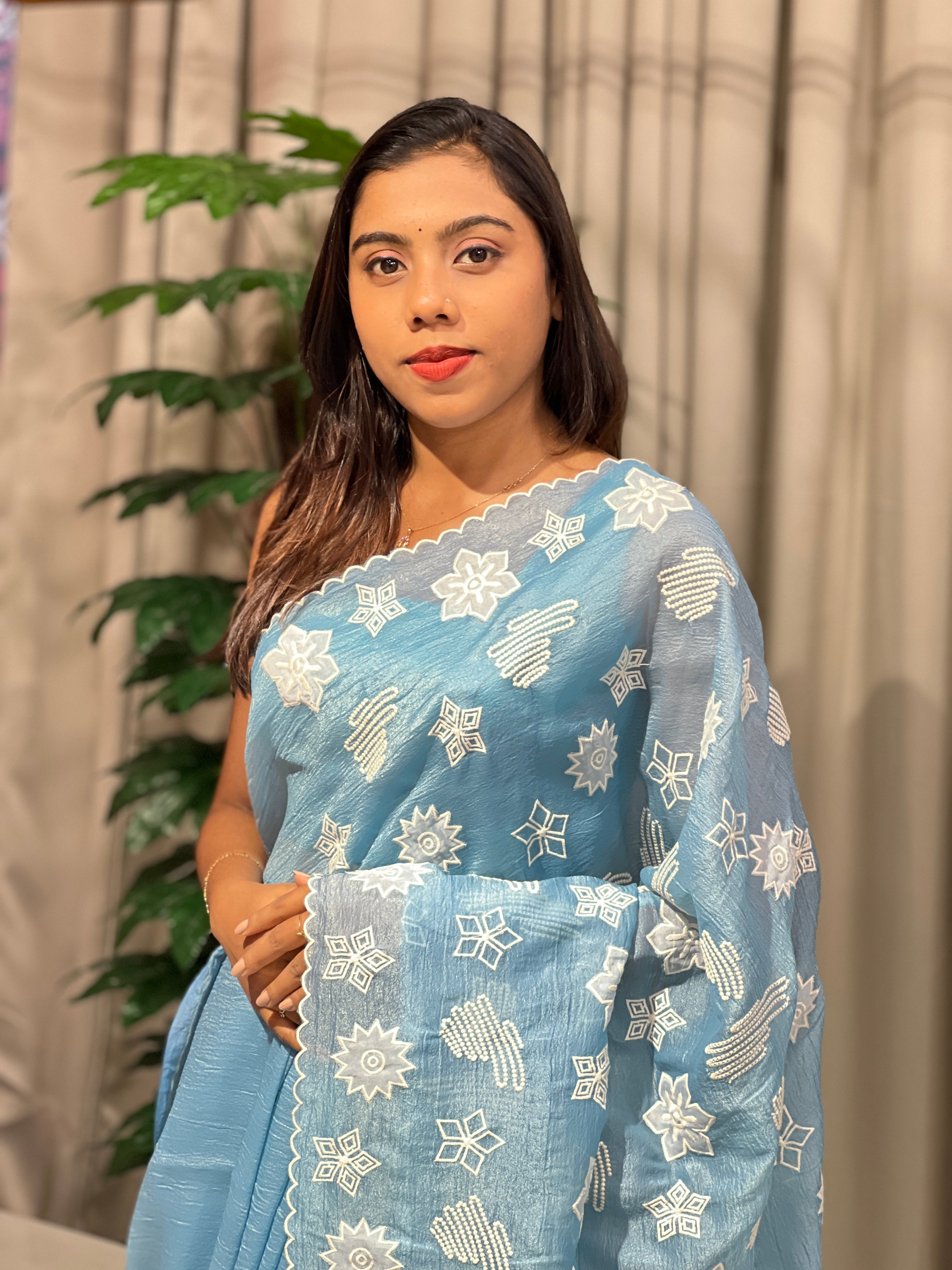 Applique Work & Point Embroidered Crushed Organza Saree | BLD1510