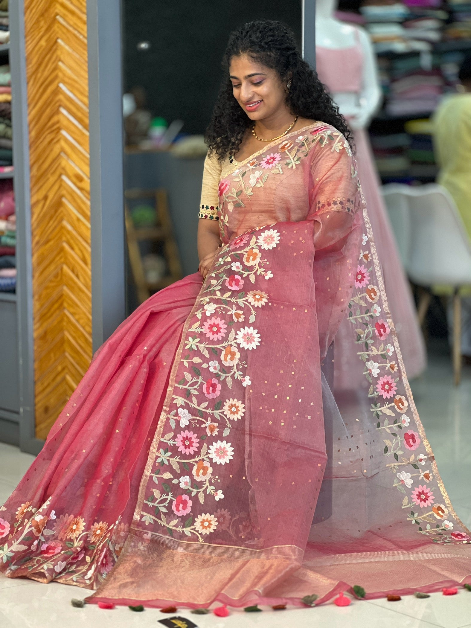 Floral Embroidery Border Tussar Organza Saree | RGD202