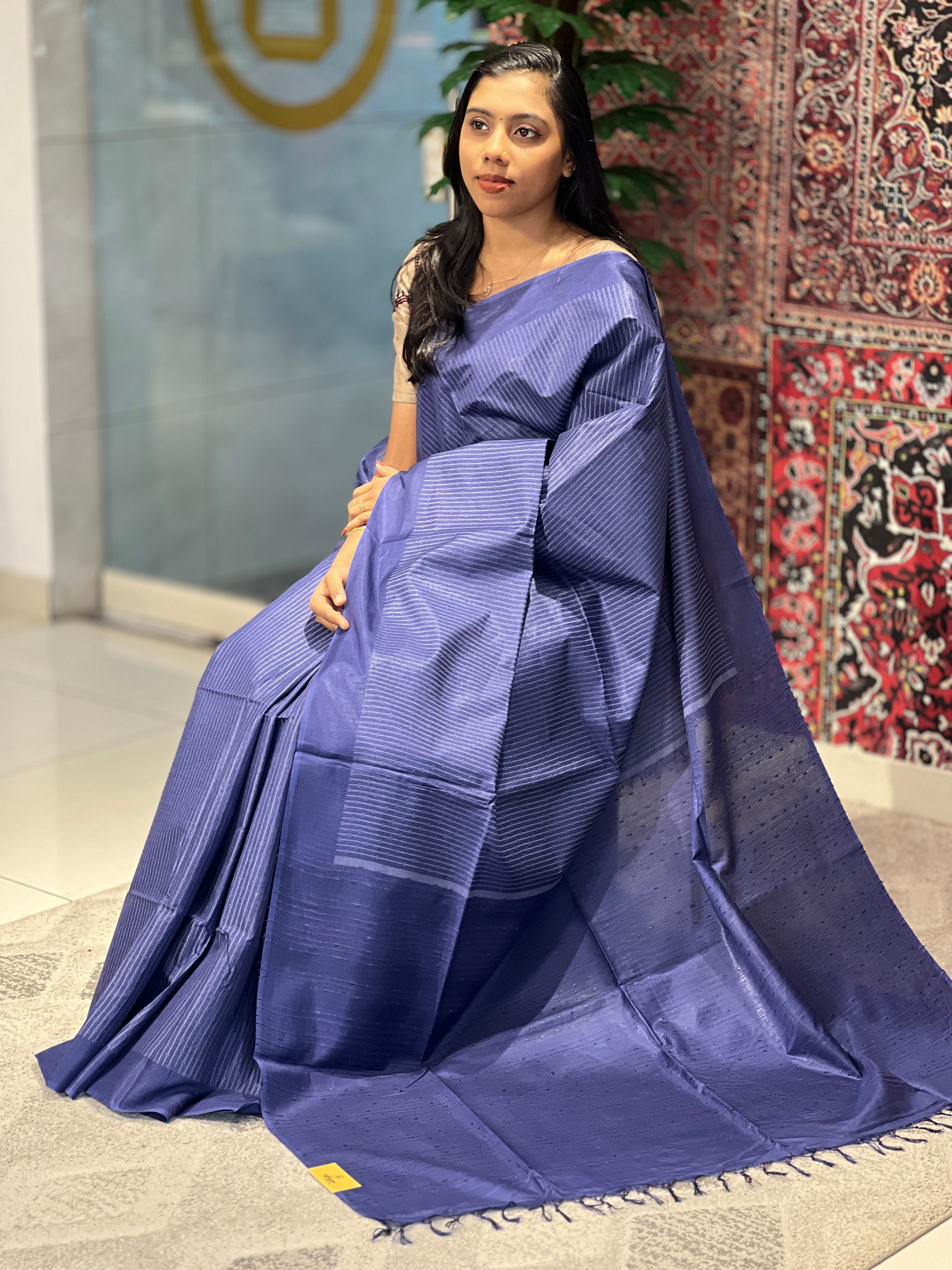 Thread Weaving Stripes Patterned Semi Tussar Saree | PNS124