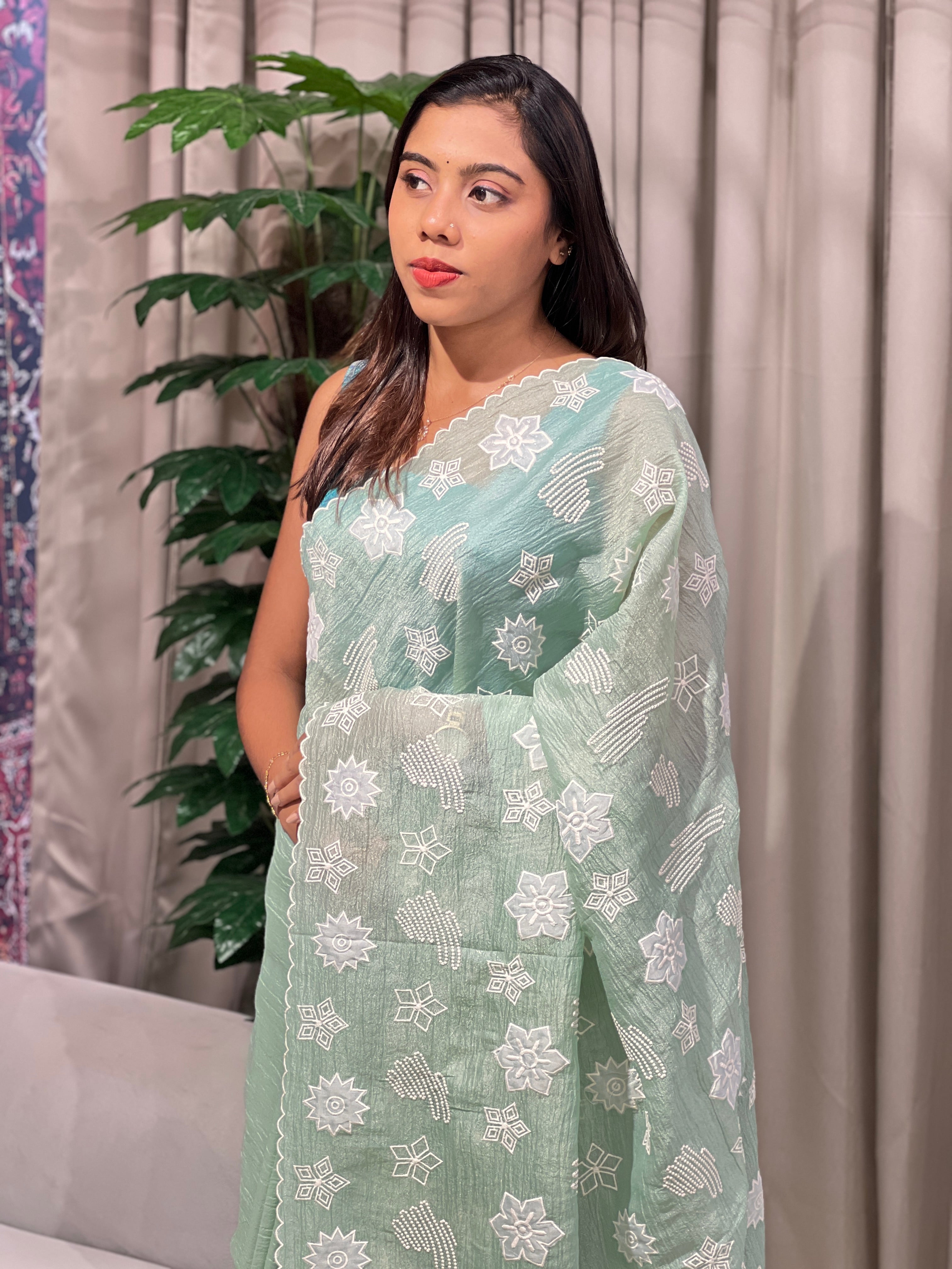 Applique Work & Point Embroidered Crushed Organza Saree | BLD1507