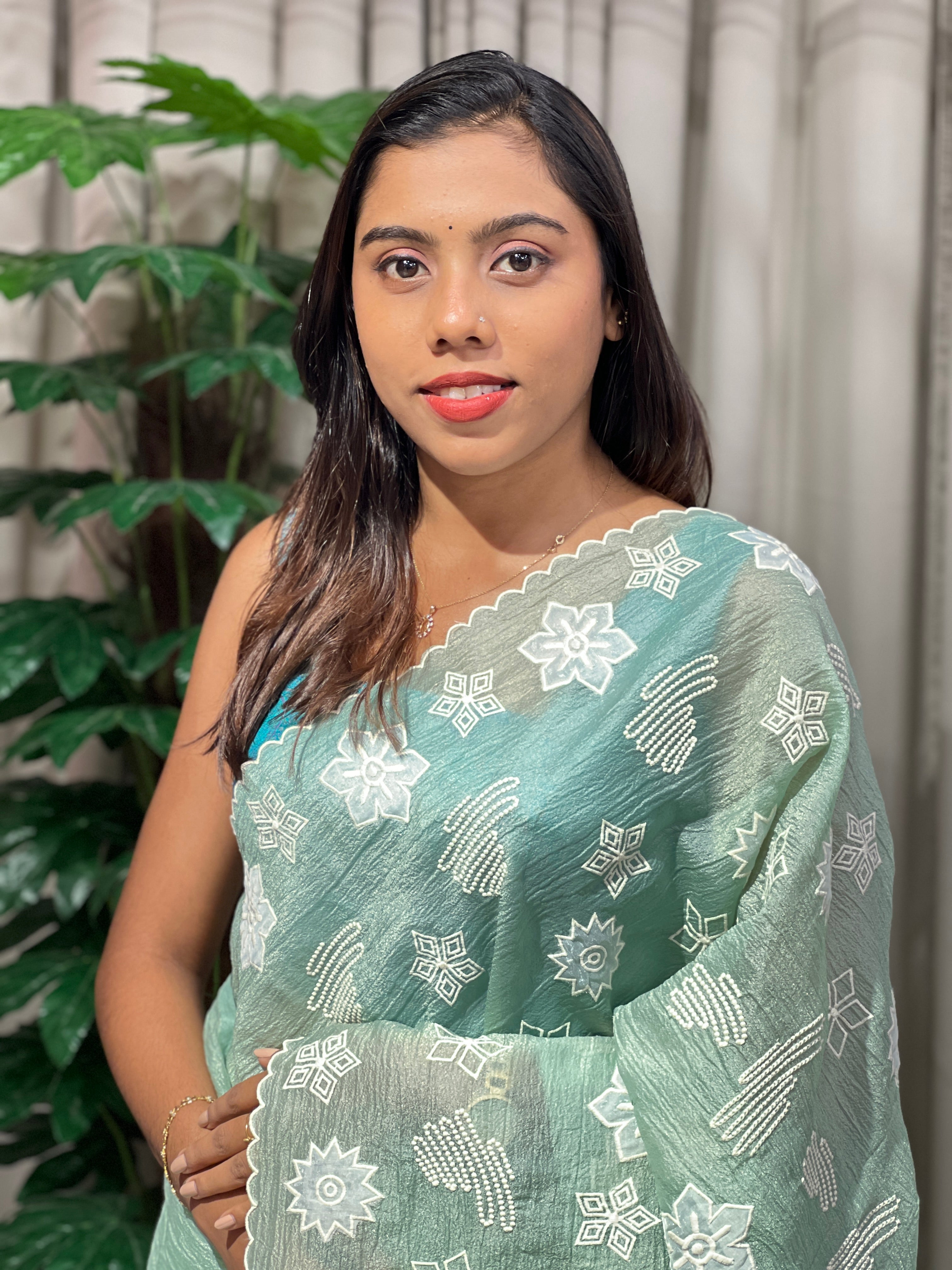 Applique Work & Point Embroidered Crushed Organza Saree | BLD1507