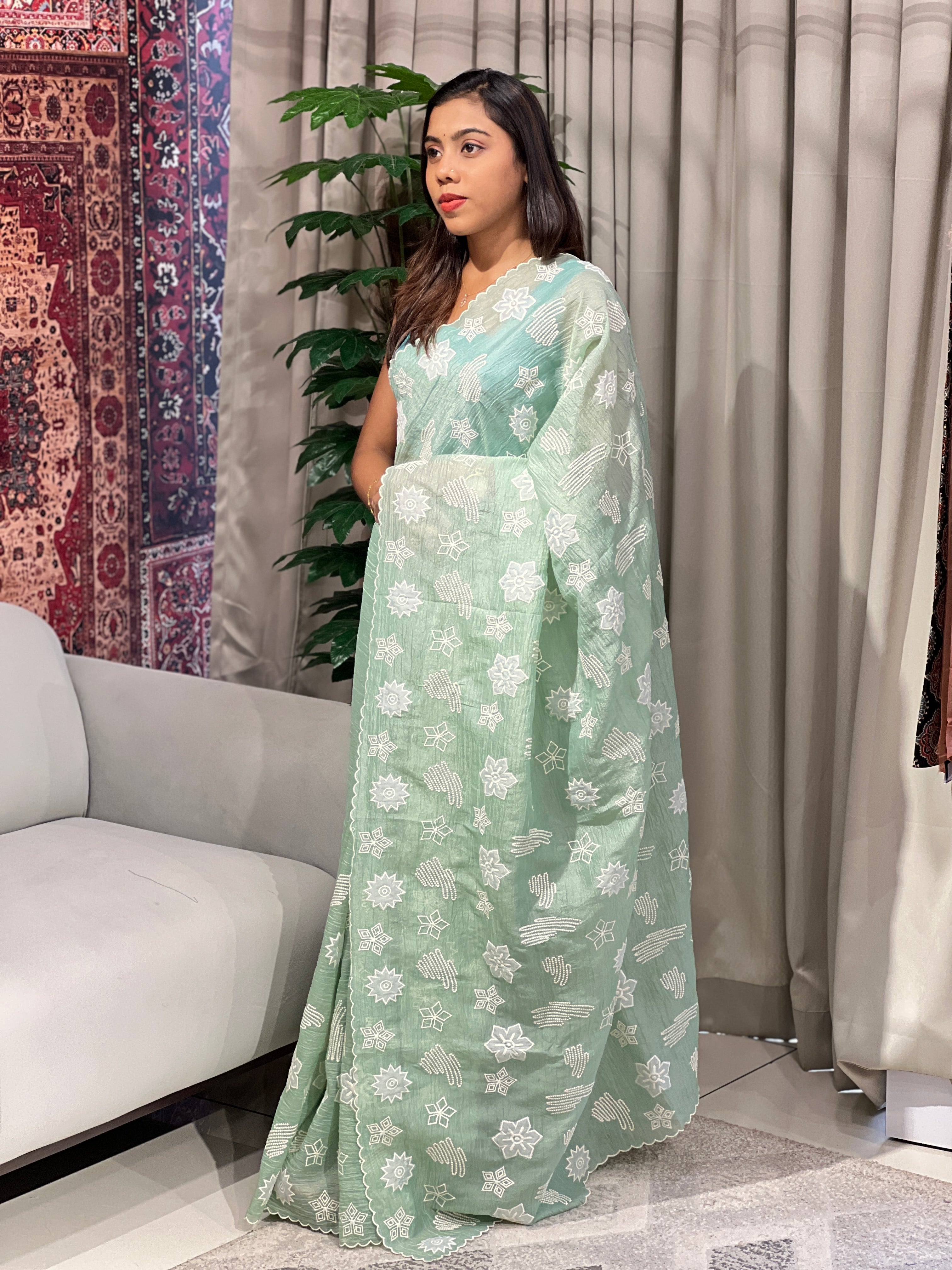 Applique Work & Point Embroidered Crushed Organza Saree | BLD1507