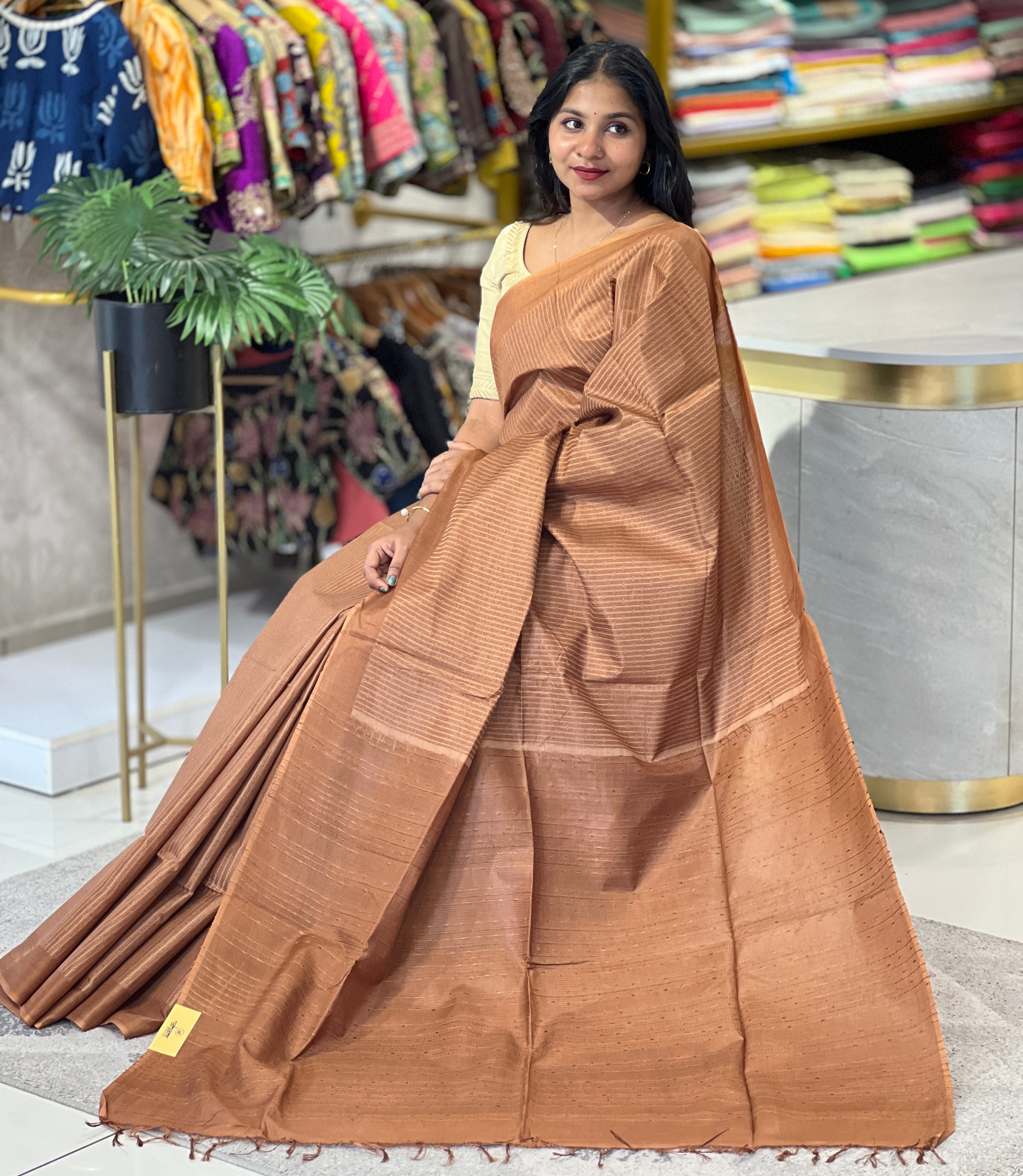 Thread Weaving Stripes Patterned Semi Tussar Saree | PNS125