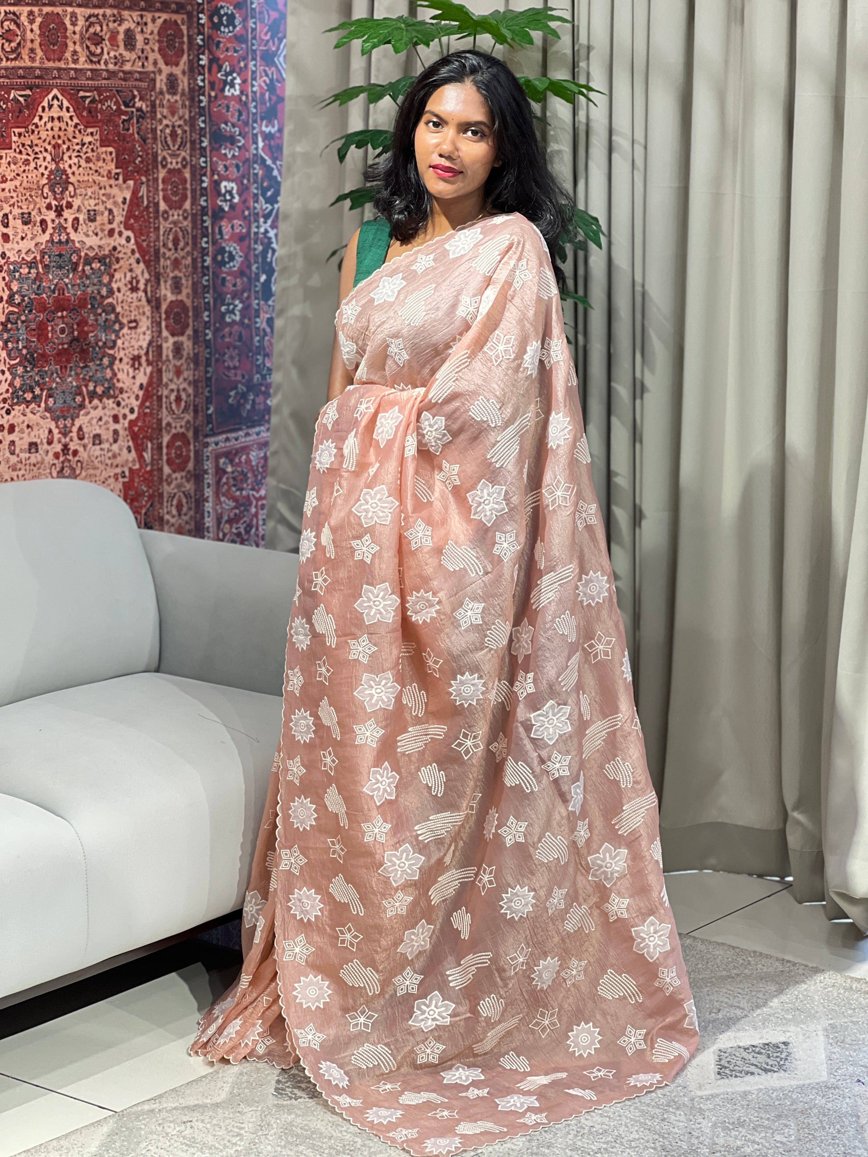 Applique Work & Point Embroidered Crushed Organza Saree | BLD1509