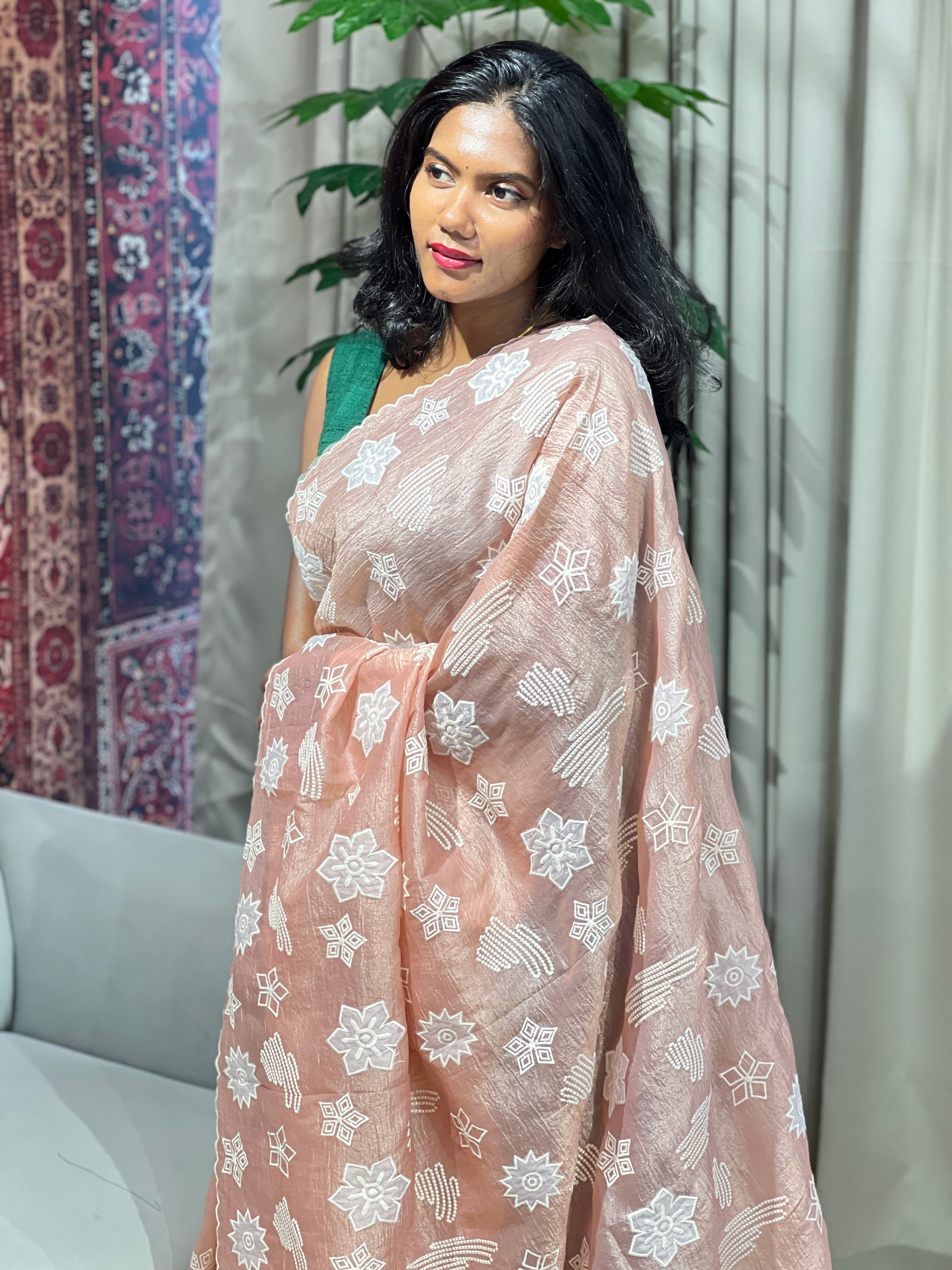 Applique Work & Point Embroidered Crushed Organza Saree | BLD1509